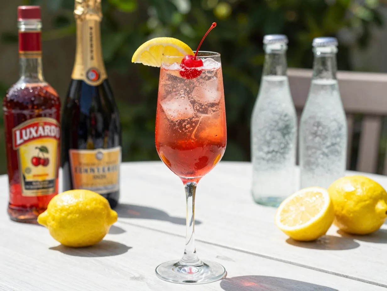 Tall spritz glass of cherry liqueur prosecco and soda with lemon wheel and cherry garnish