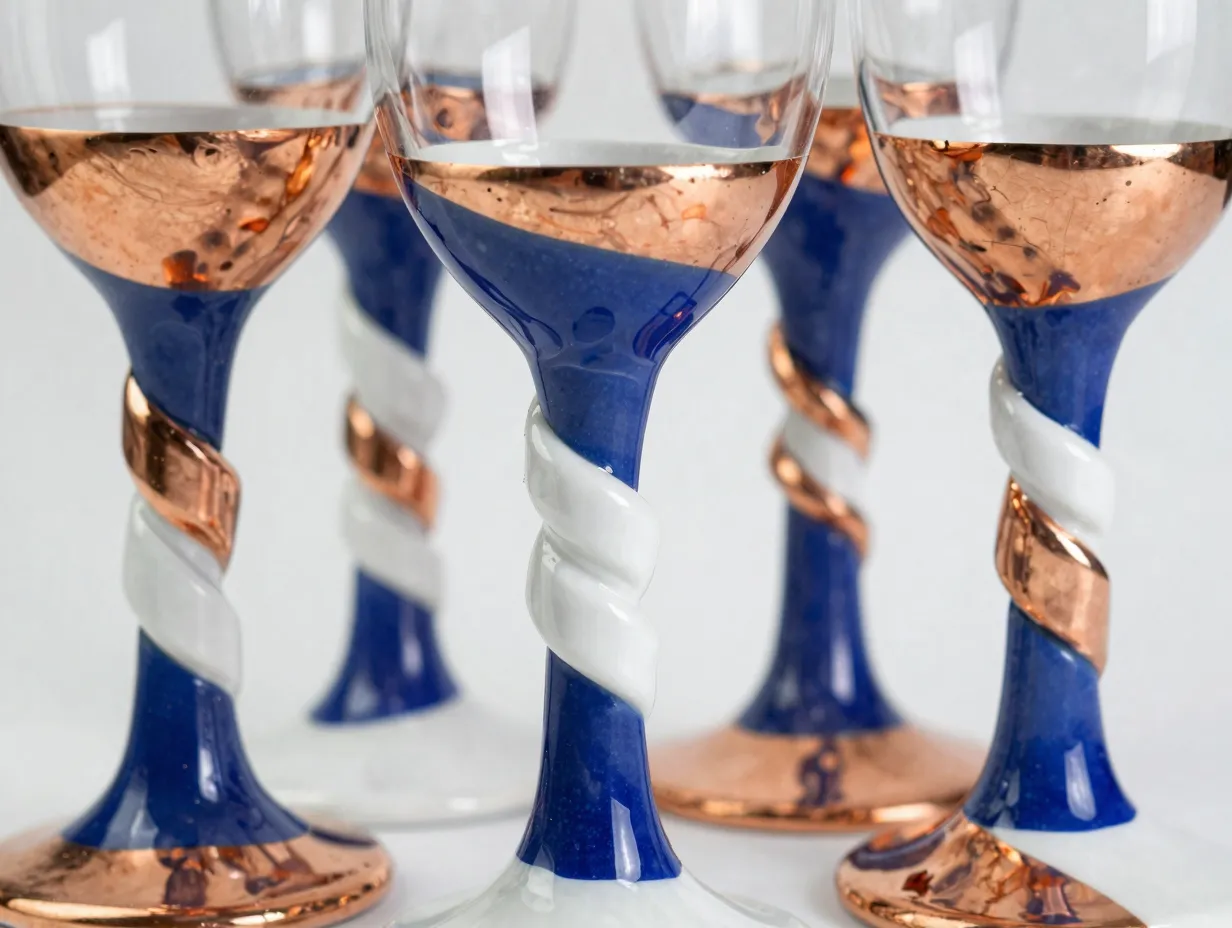 Wine glass set with blue white copper clay wrap and glossy resin seal