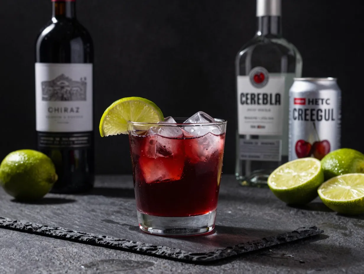Bold red wine and tequila cocktail with lime and cherry sparkling water in a rocks glass