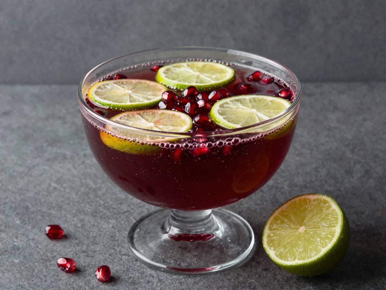 Deep red non alcoholic pomegranate punch with sparkling apple cider