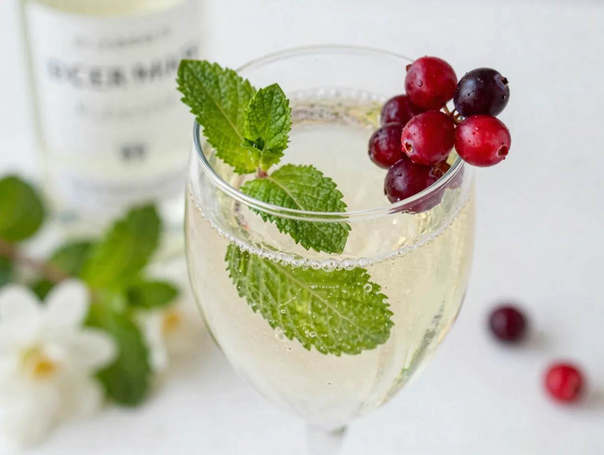 Holiday hugo spritz with elderflower liqueur and berry garnish