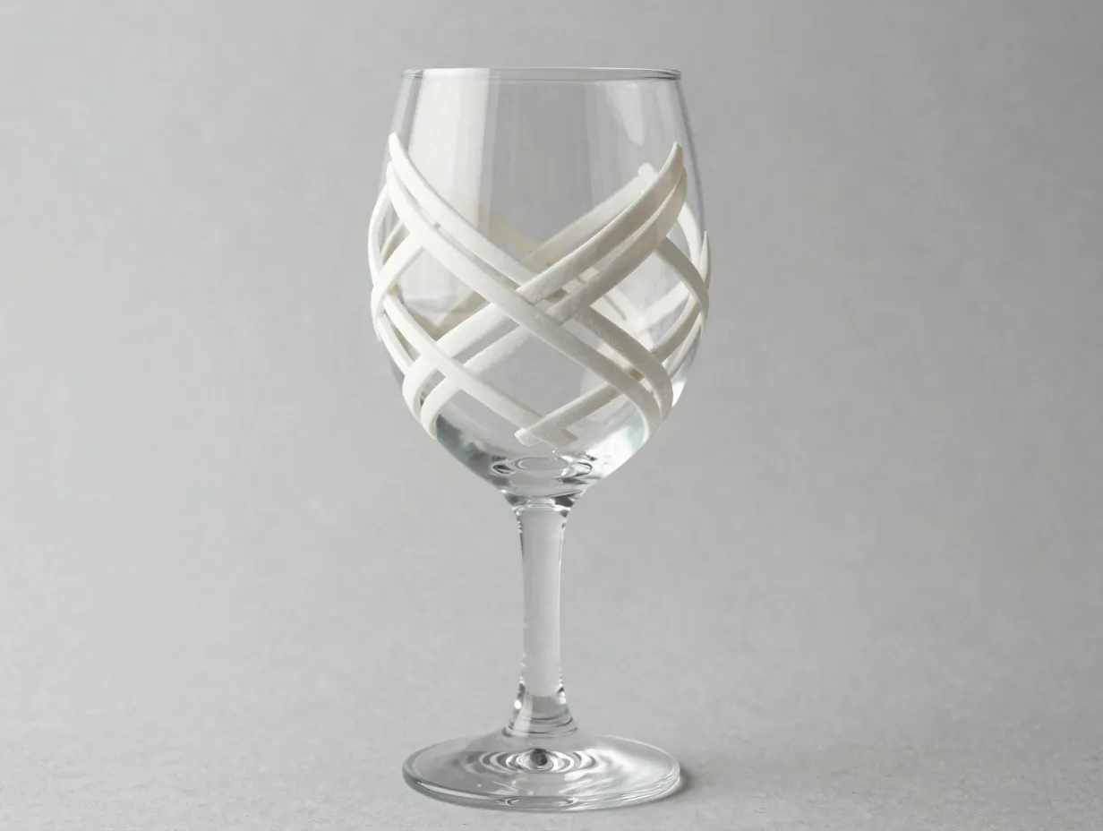 Wine glass with interlaced polymer clay pattern in geometric design