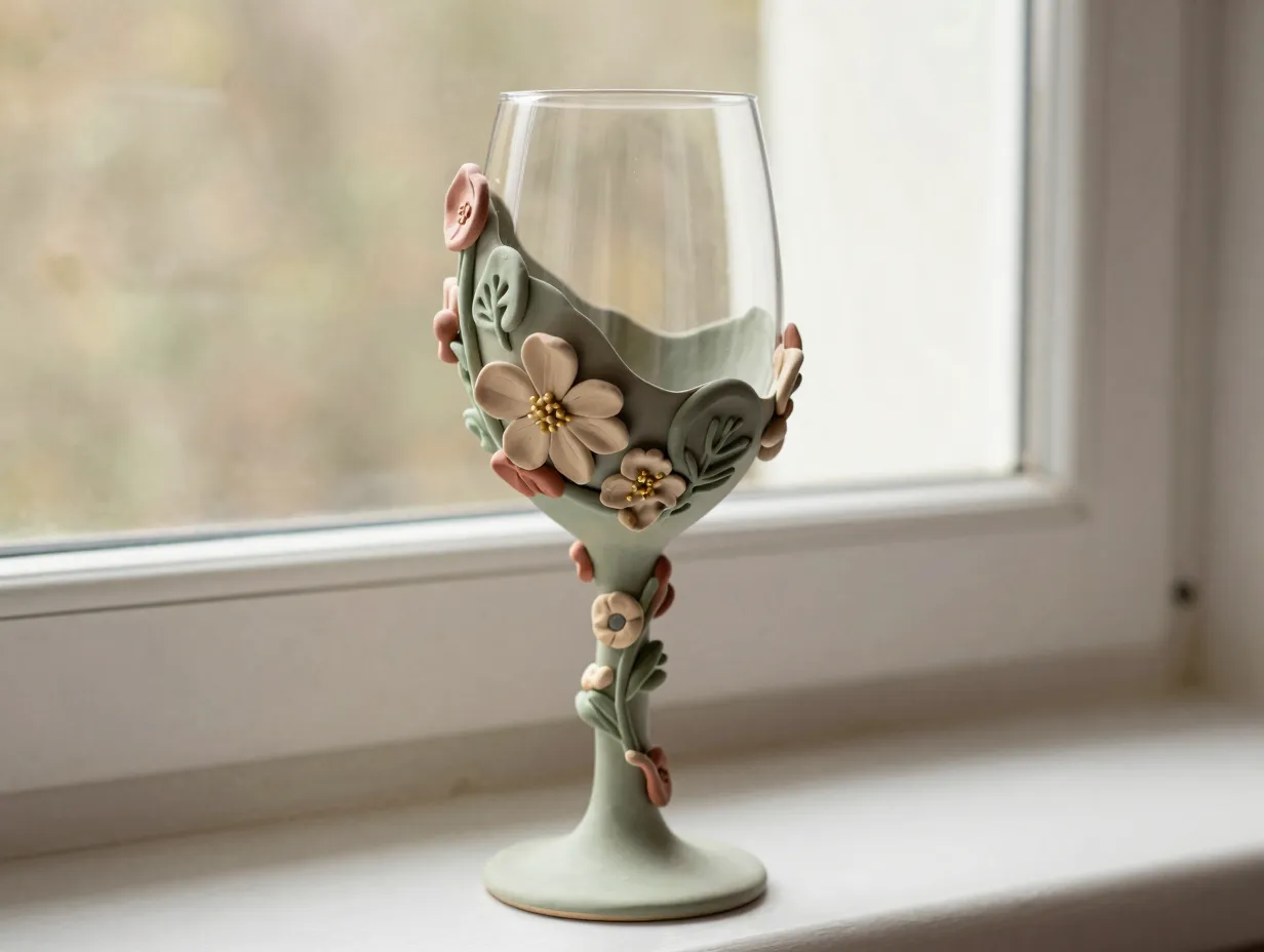 Nature inspired wine glass with floral clay wrap in earthy sage tones