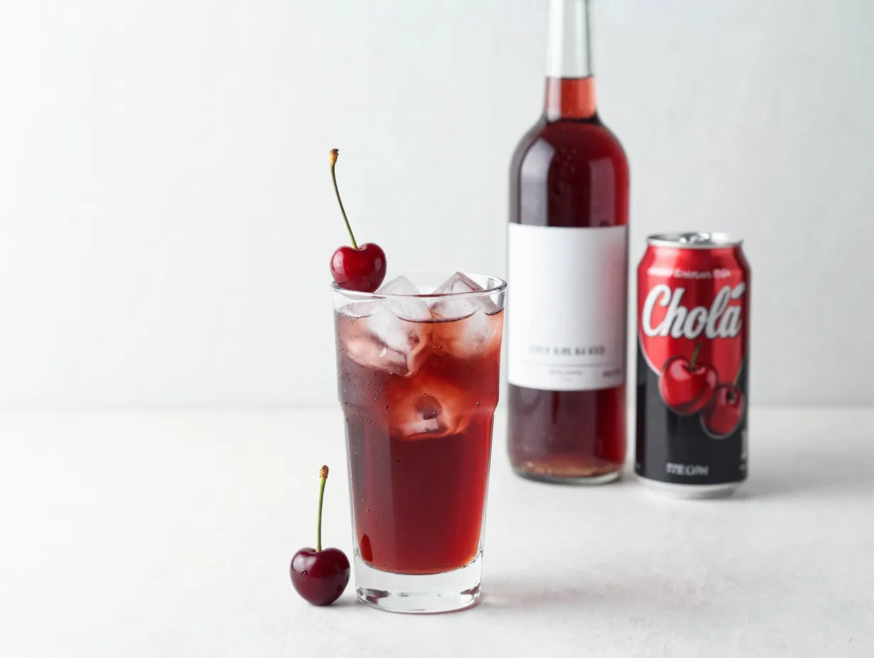 Simple glass of red wine and cherry cola over ice with fresh cherry garnish