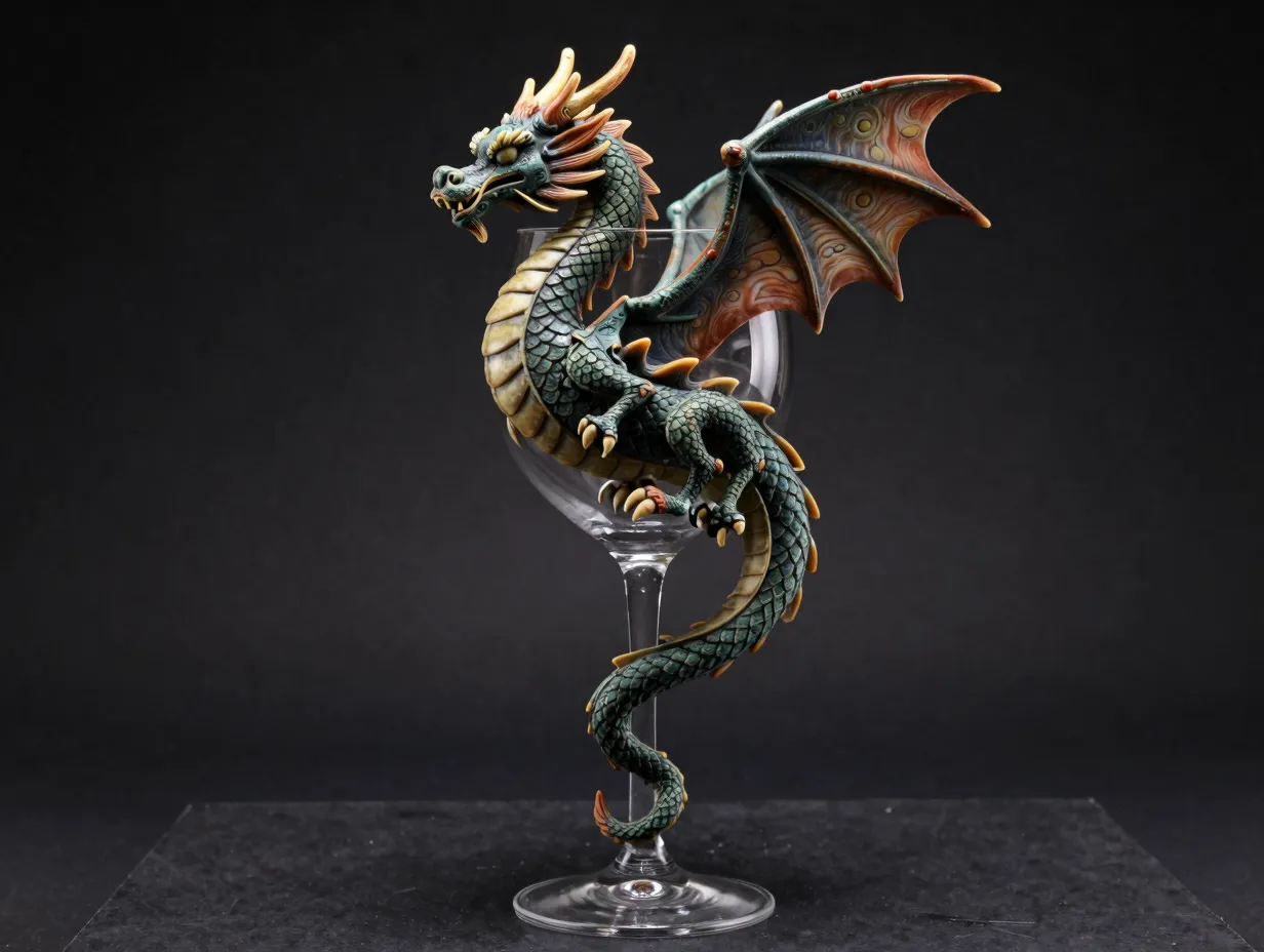 Fantasy dragon stem wine glass with detailed sculpted polymer clay