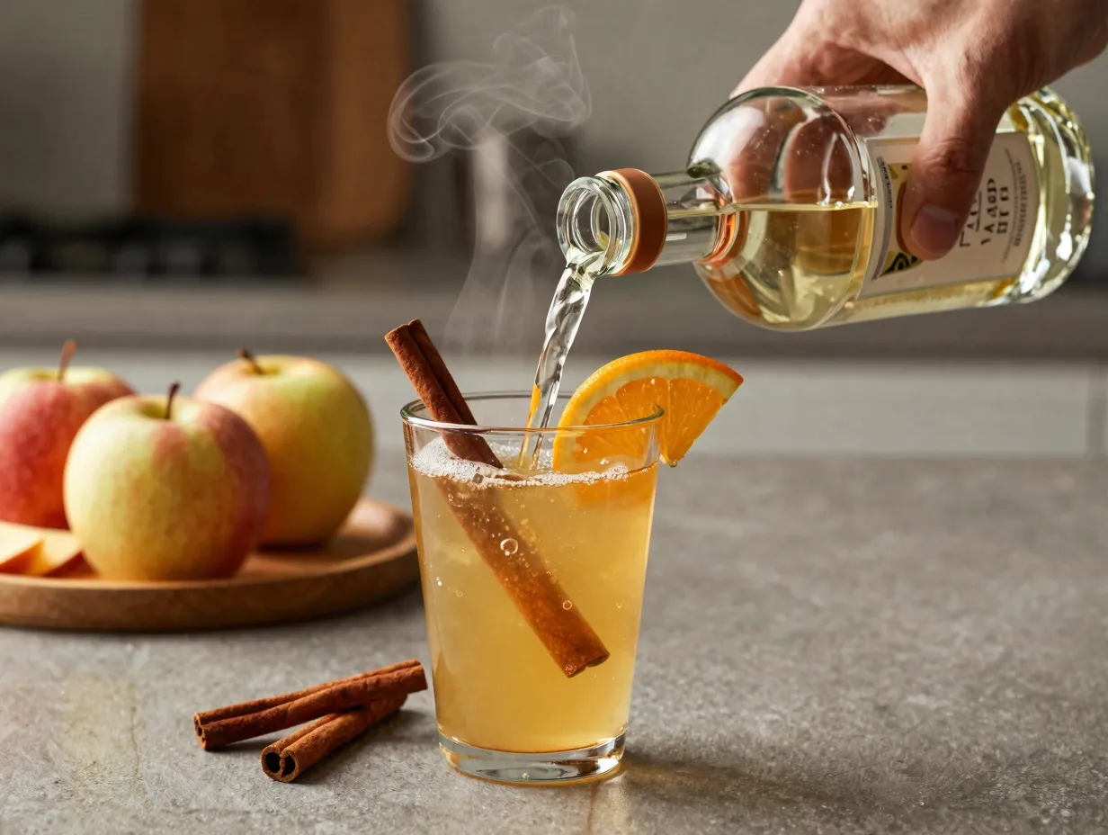Hard apple cider with gin added to mug cinnamon stick garnish