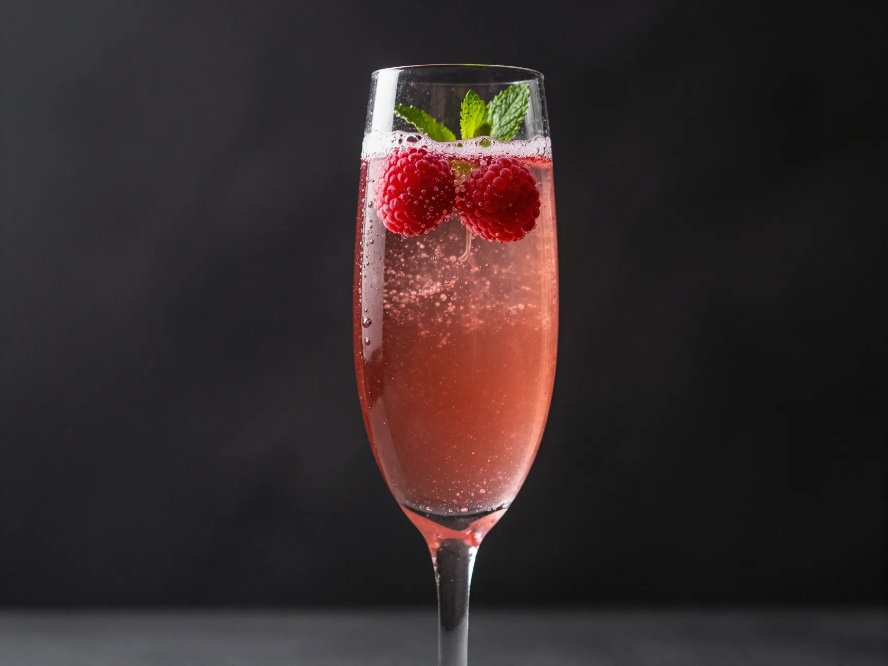Raspberry rose spritz mocktail in champagne flute