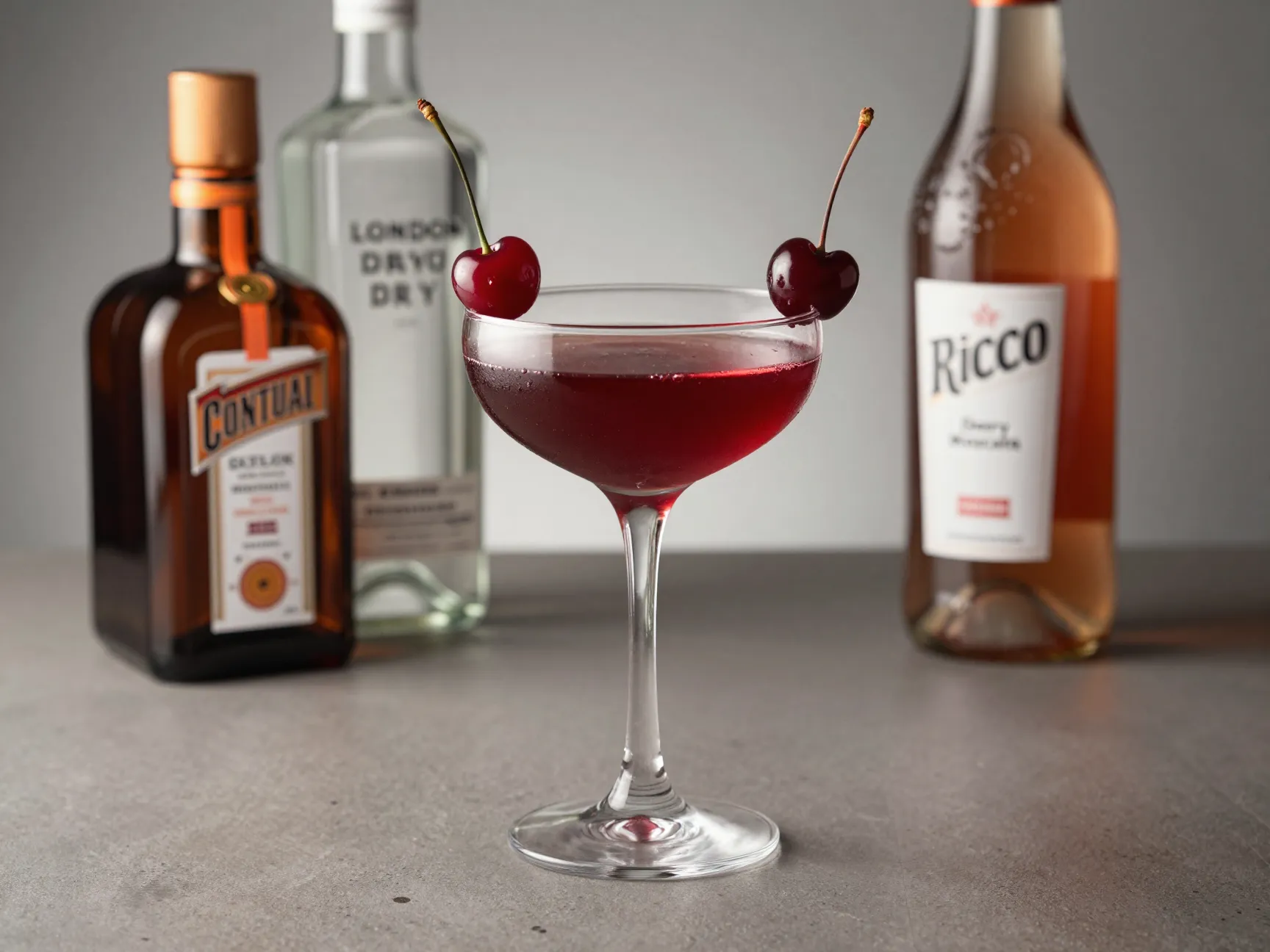 Sophisticated gin and cherry moscato cocktail served in a chilled coupe glass
