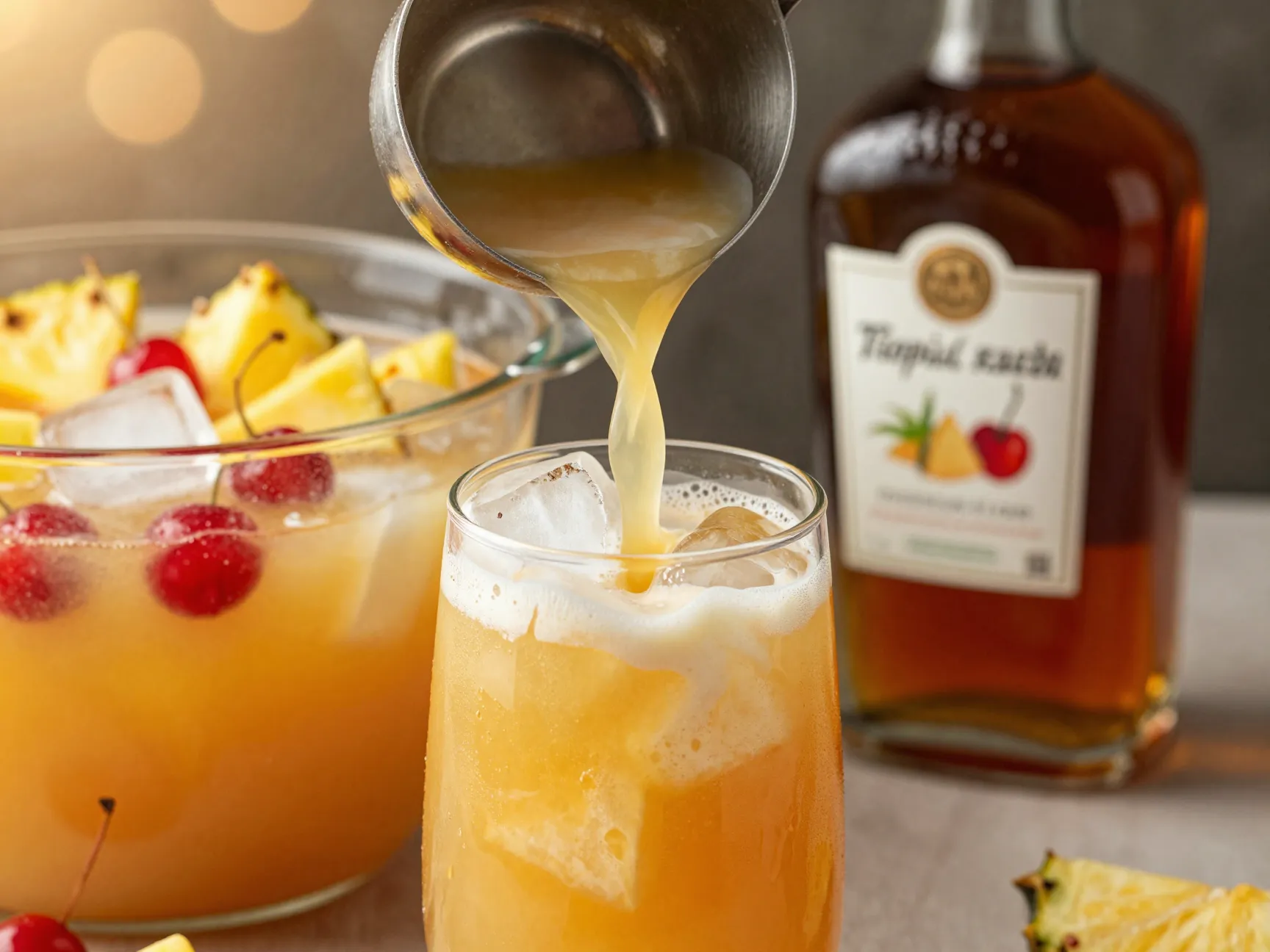 Tropical dark rum pineapple cranberry punch with coconut cream