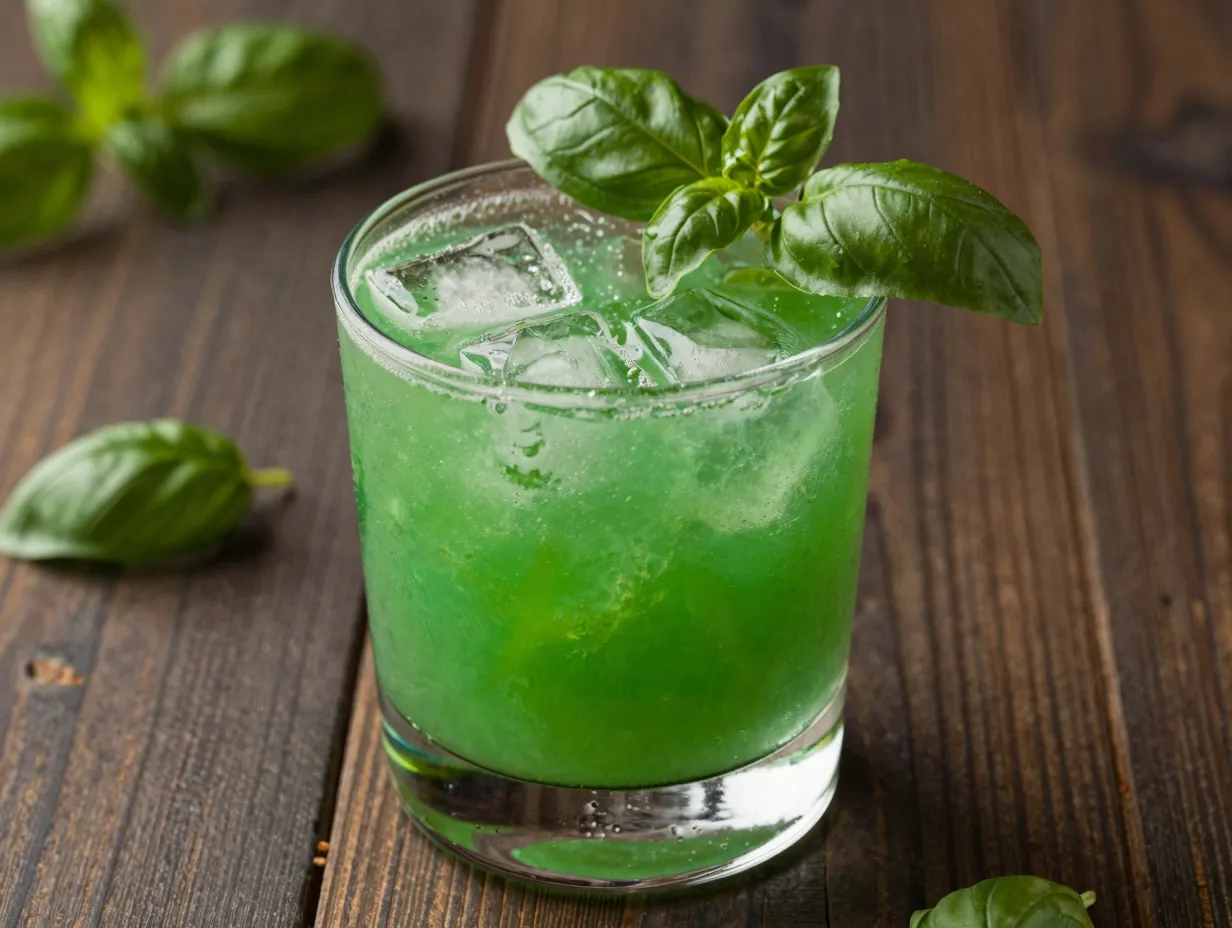 Vibrant green basil smash cocktail with jewel tone color enhancement edit