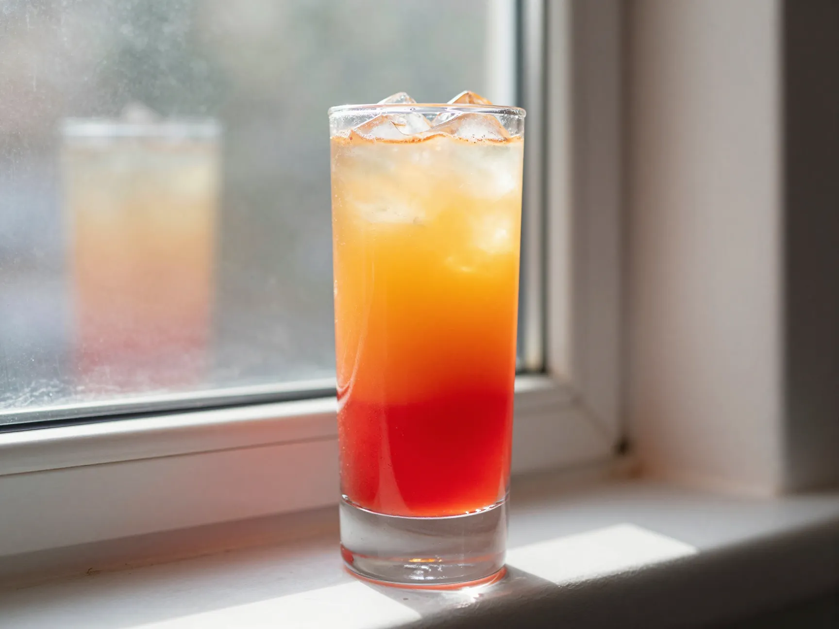Glowing tequila sunrise backlit by window with layered red and orange colors