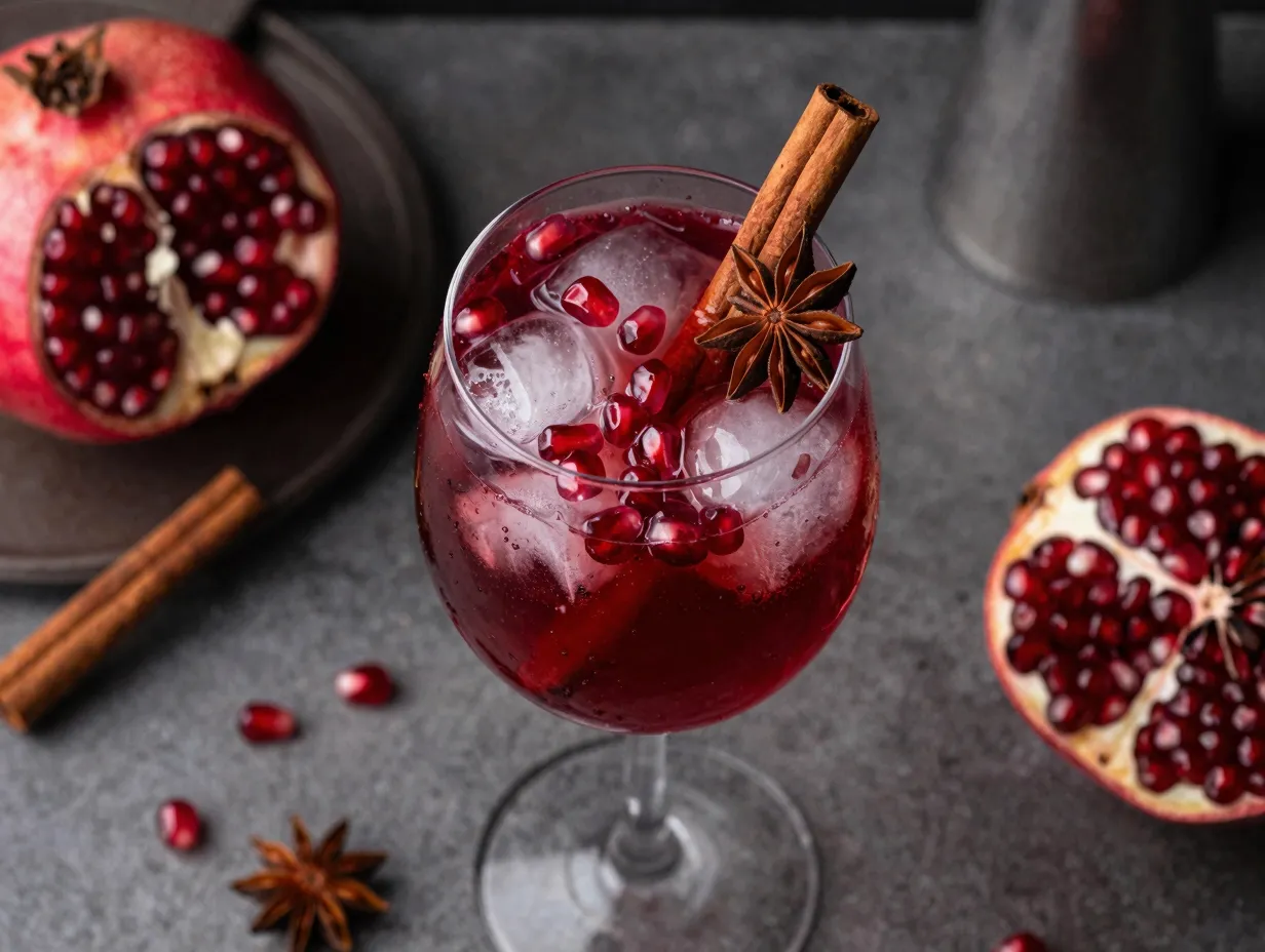 Spiced pomegranate winter spritz with dramatic garnishes