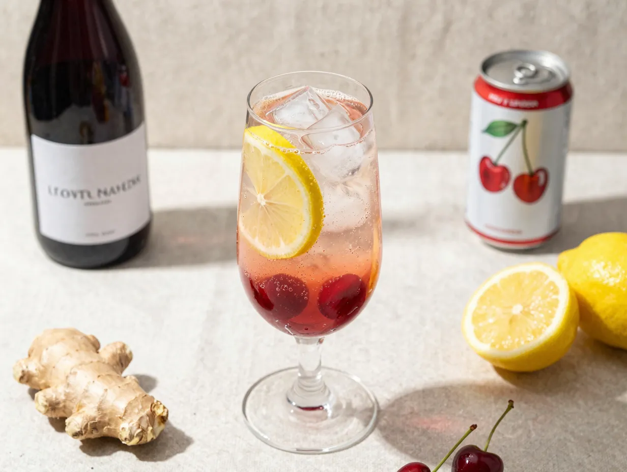 Tall glass of ginger lemon cherry sparkling wine spritzer with ice and fruit garnish