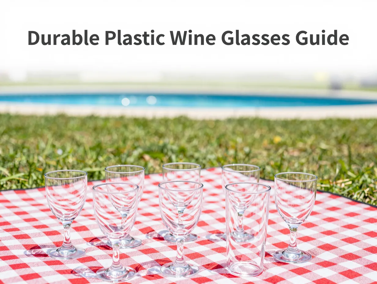 Nine durable plastic wine glasses on picnic blanket by poolside