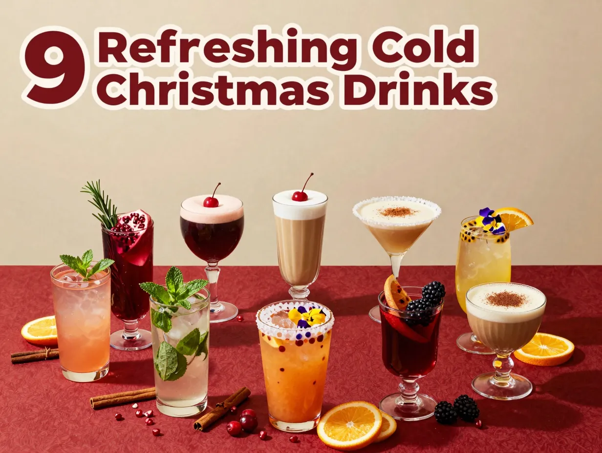 Nonalcoholic christmas mocktails flat lay holiday drinks station