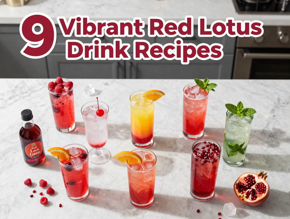 Vibrant red lotus energy drinks flat lay garnished fresh fruit syrups