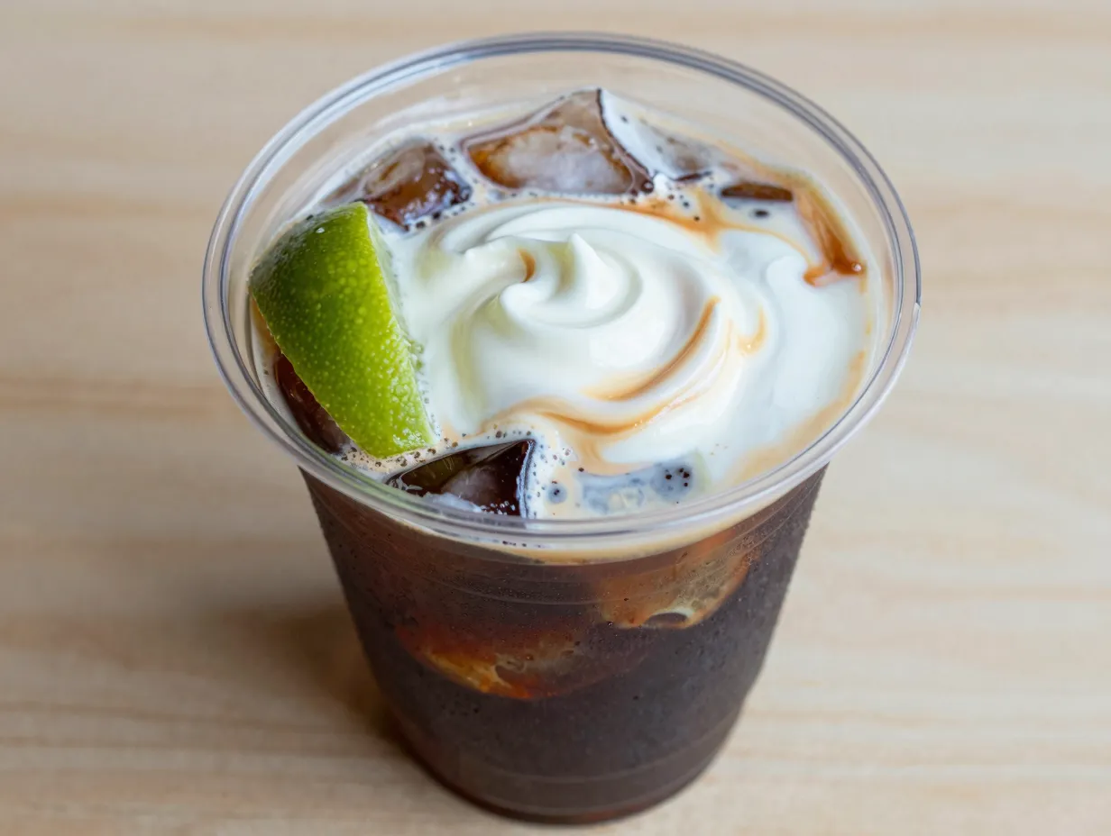 Classic dirty dr pepper swirling creamy lime drink in clear cup