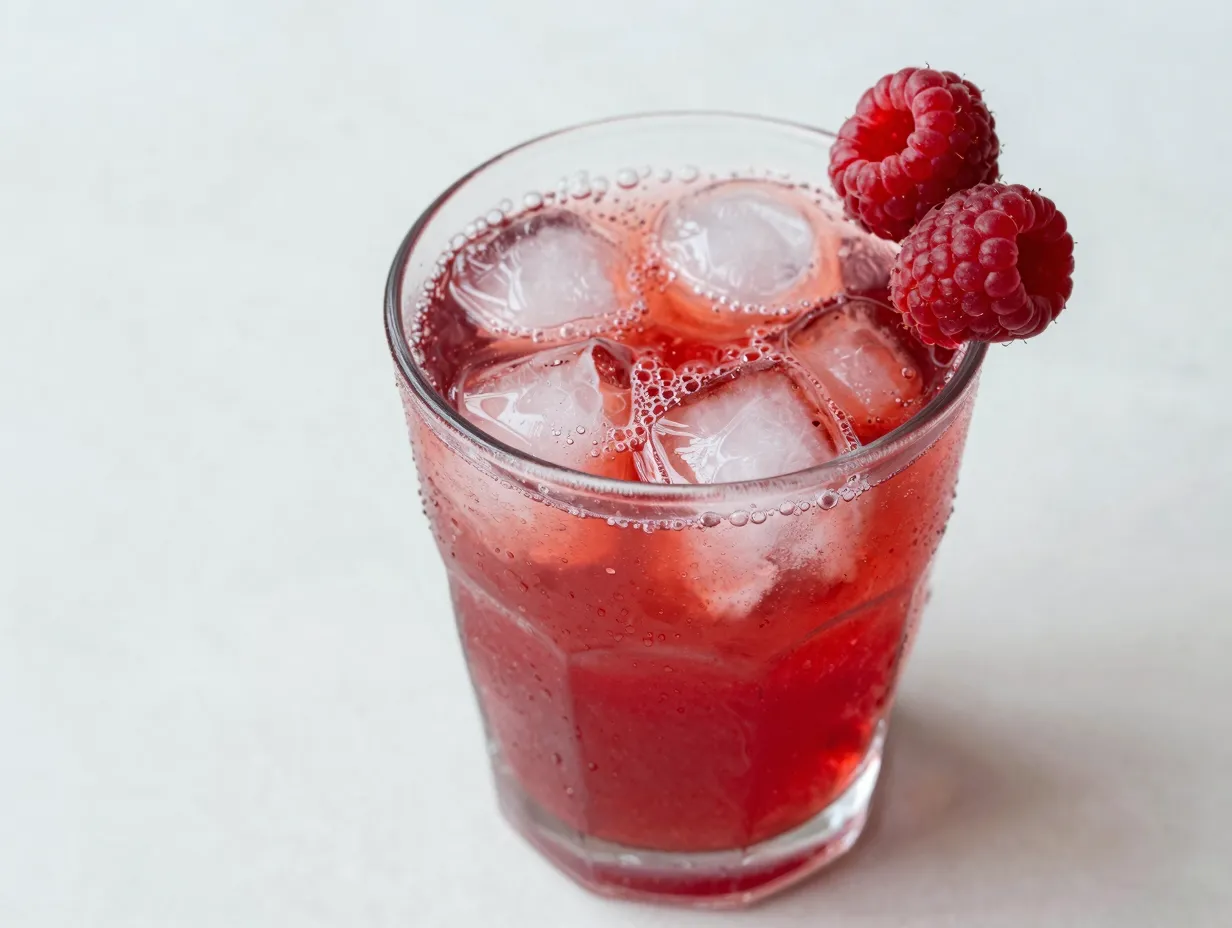 Fresh razzle dazzle red lotus raspberry drink glass garnish ice