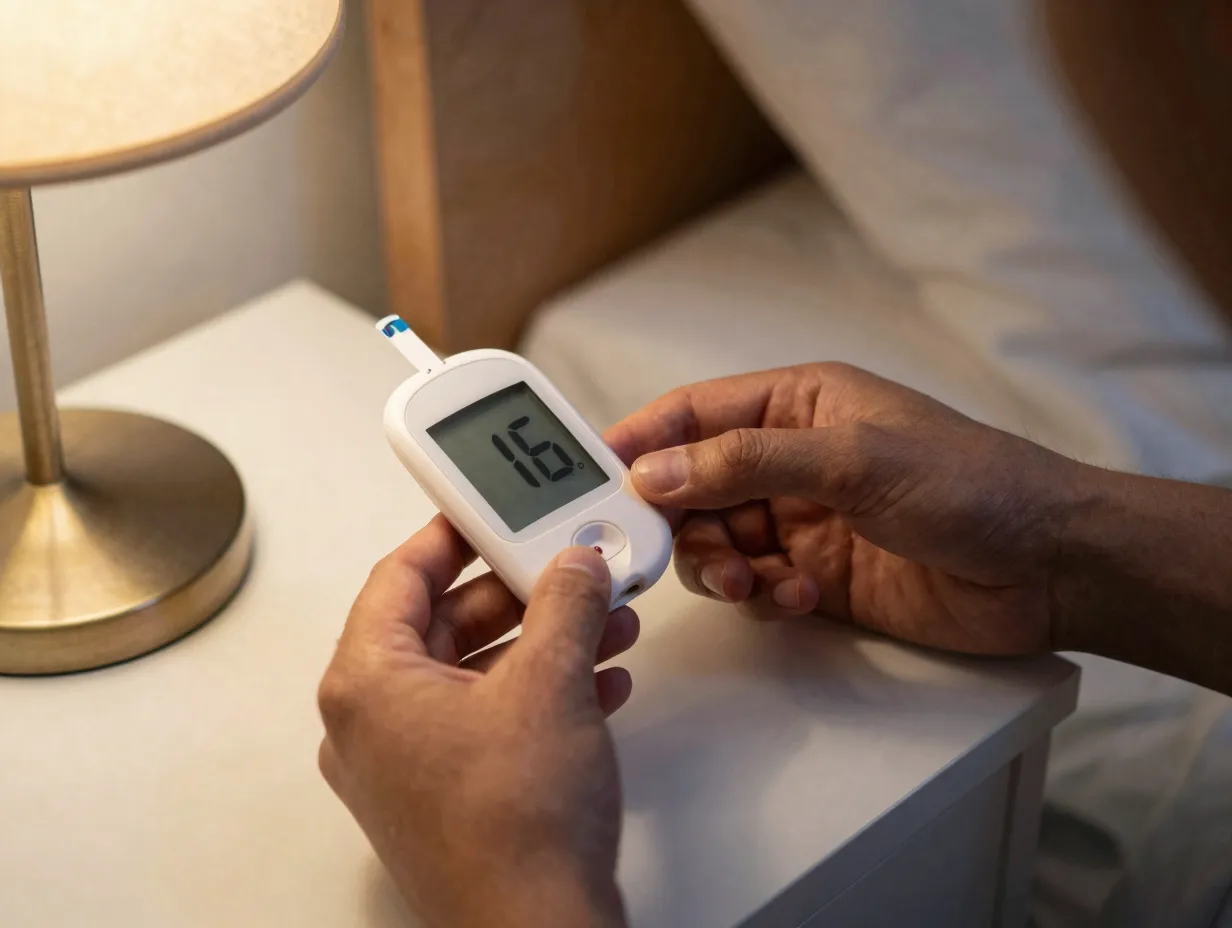 Person checking overnight blood sugar level on a glucometer