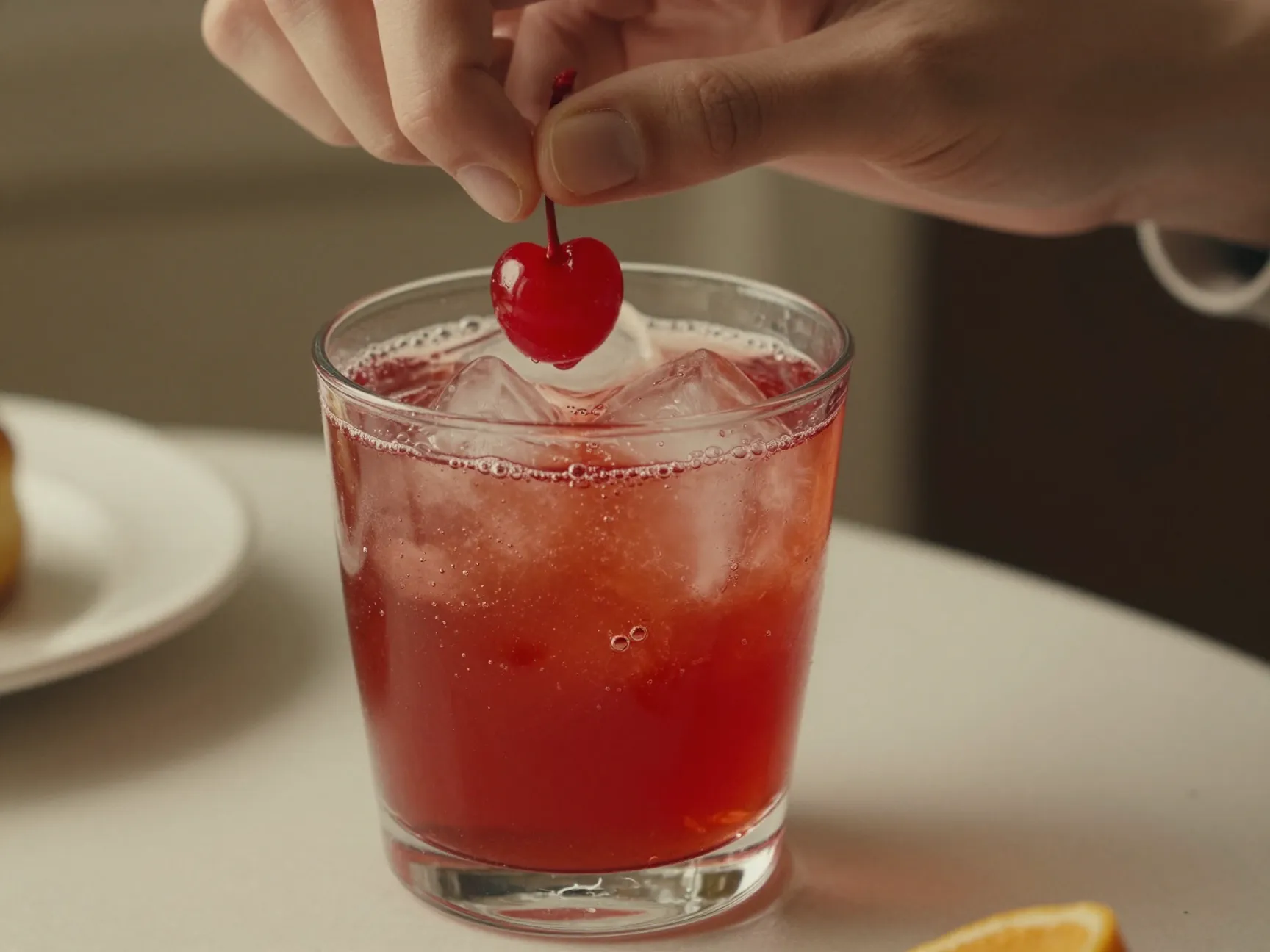 Nostalgic shirley temple lotus drink cherry grenadine garnish