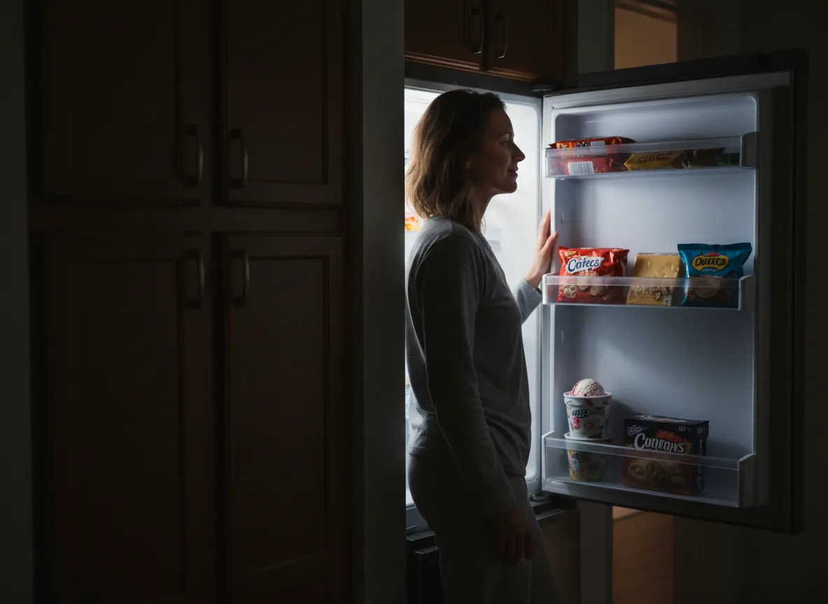 Person feeling satisfied avoiding a late night kitchen snack