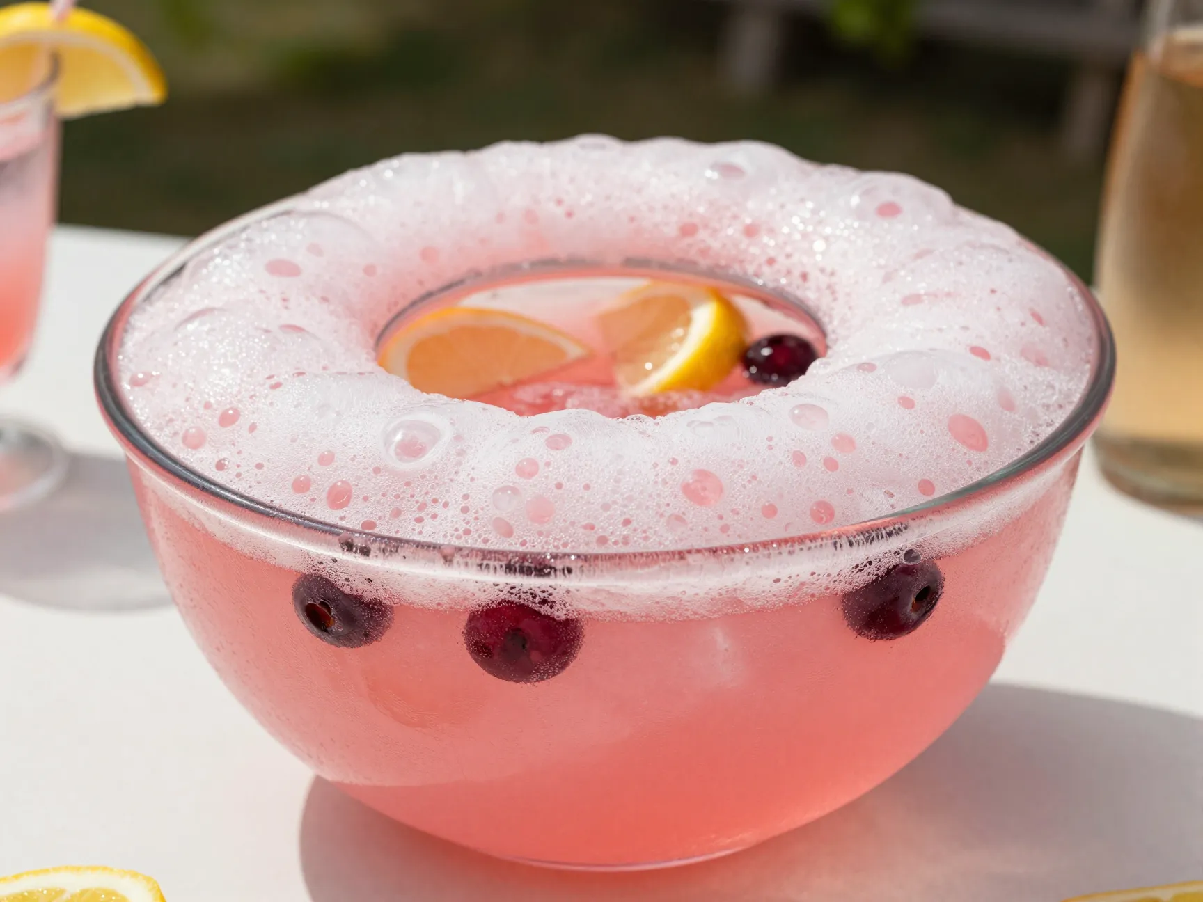 Pretty in pink frothy punch with ice ring in bowl at summer party