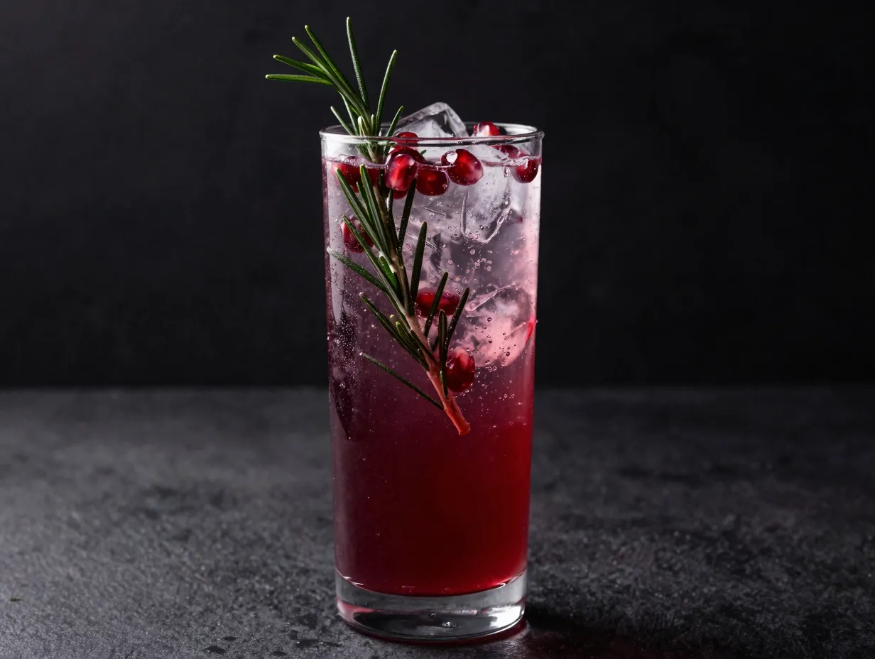 Ruby pomegranate spritz with rosemary sprig in glass
