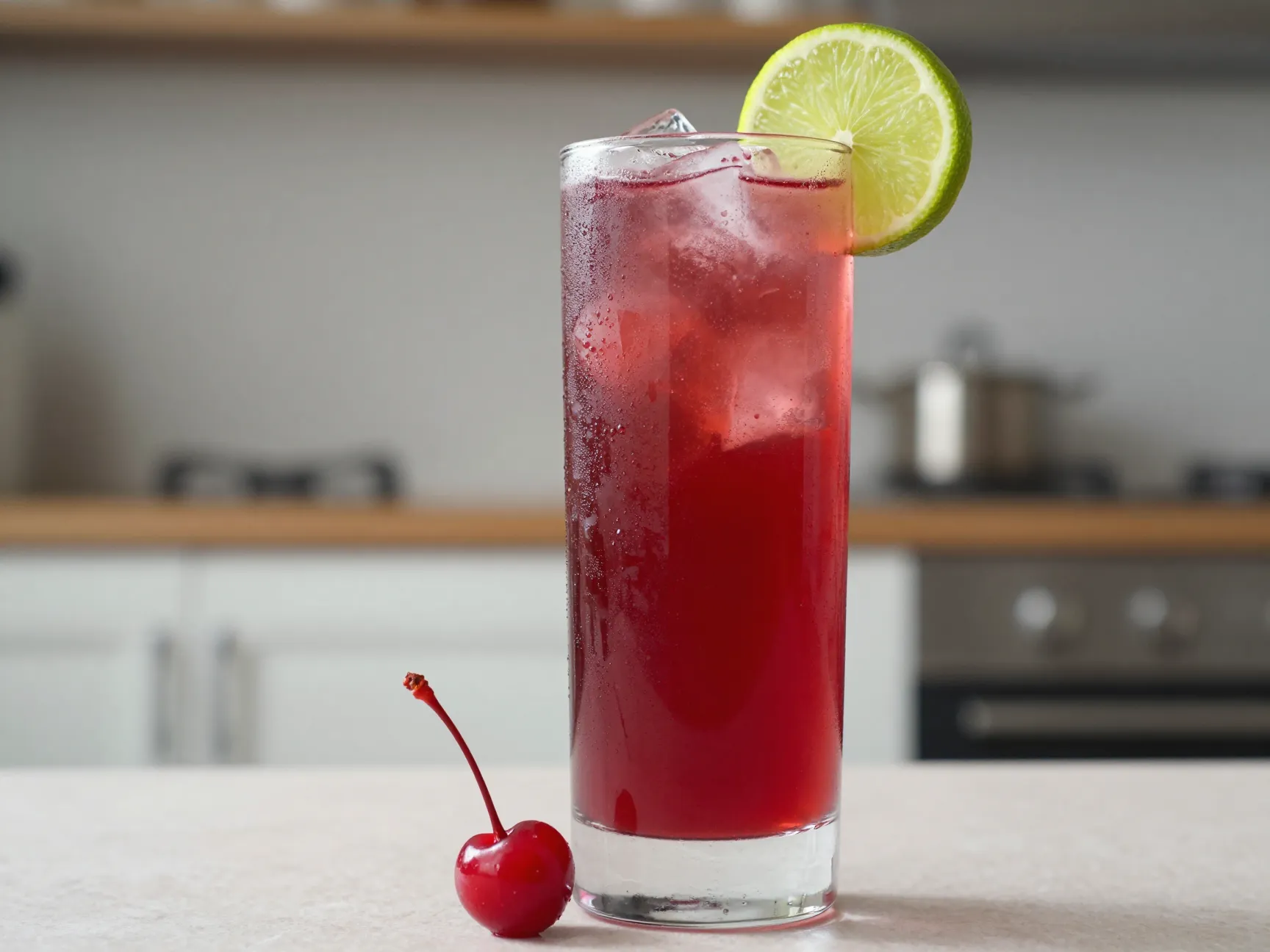 Cherry lime red lotus tart drink lime wedge ice glass