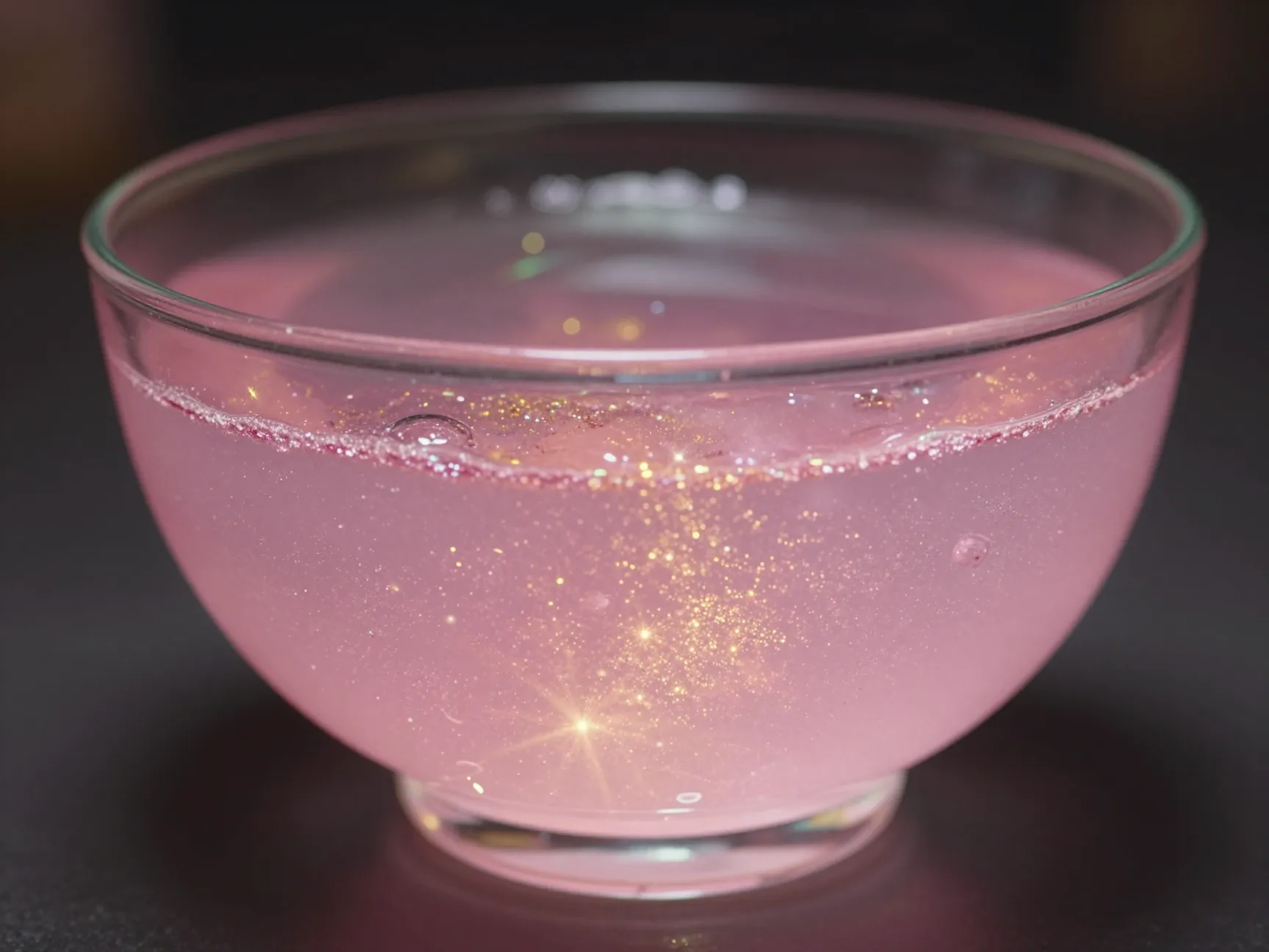 Pink fairy glow punch shimmering with edible dust in dark room