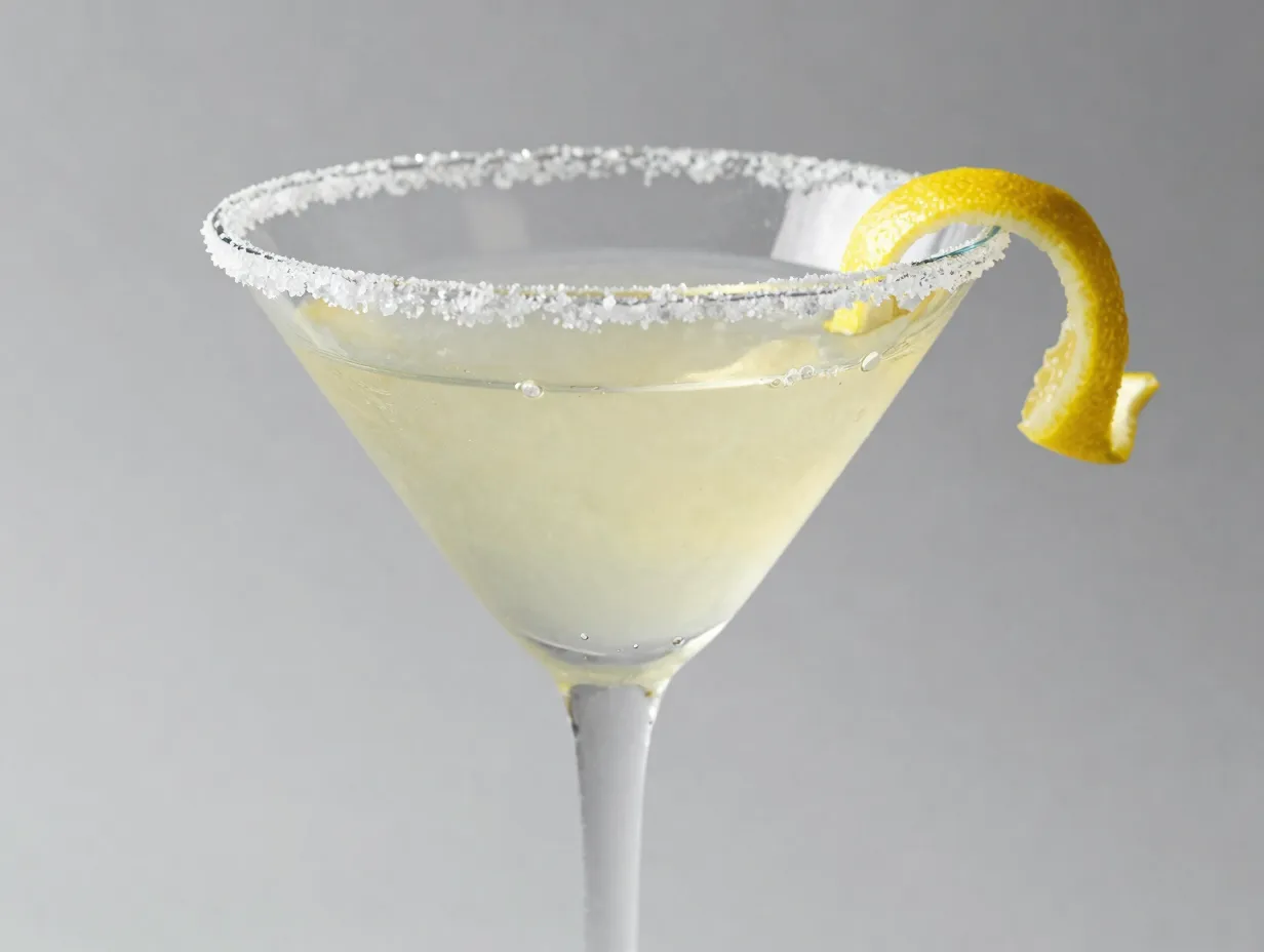 Sugared rim martini glass with lemon twist mocktail
