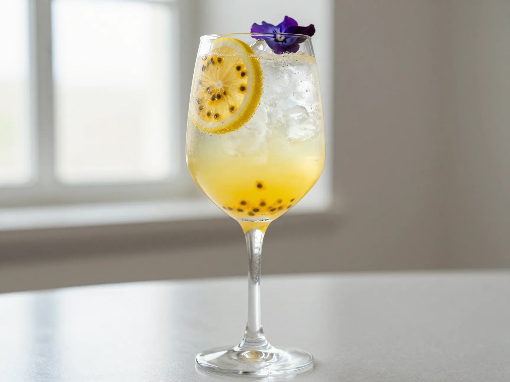 Elderflower passionfruit spritz in large wine glass