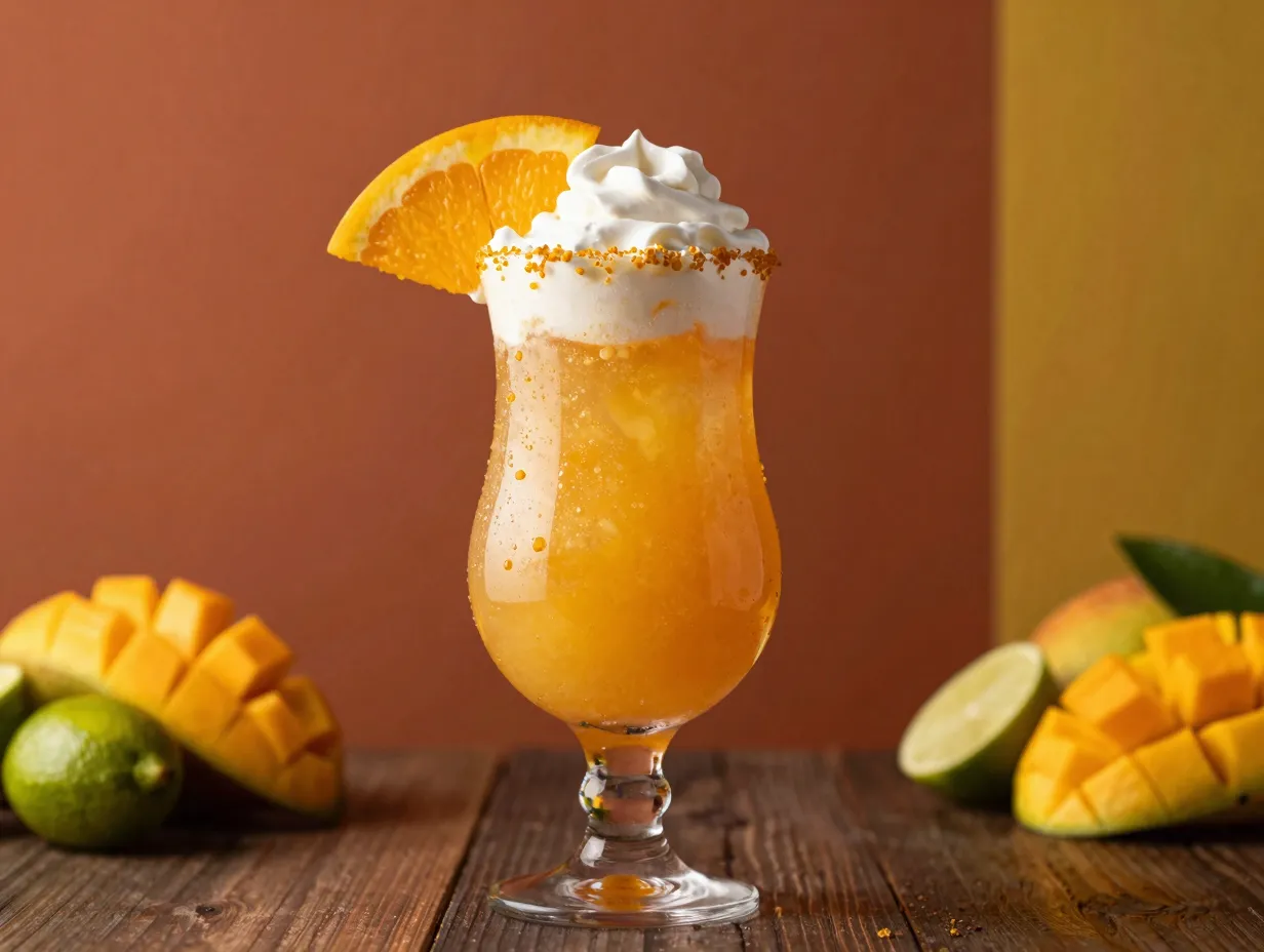 Mango daiquiri cream soda golden orange garnish slice presentation
