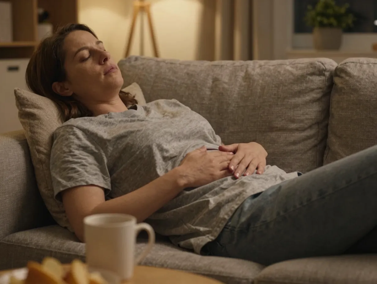 Person experiencing reduced bloating after a heavy dinner