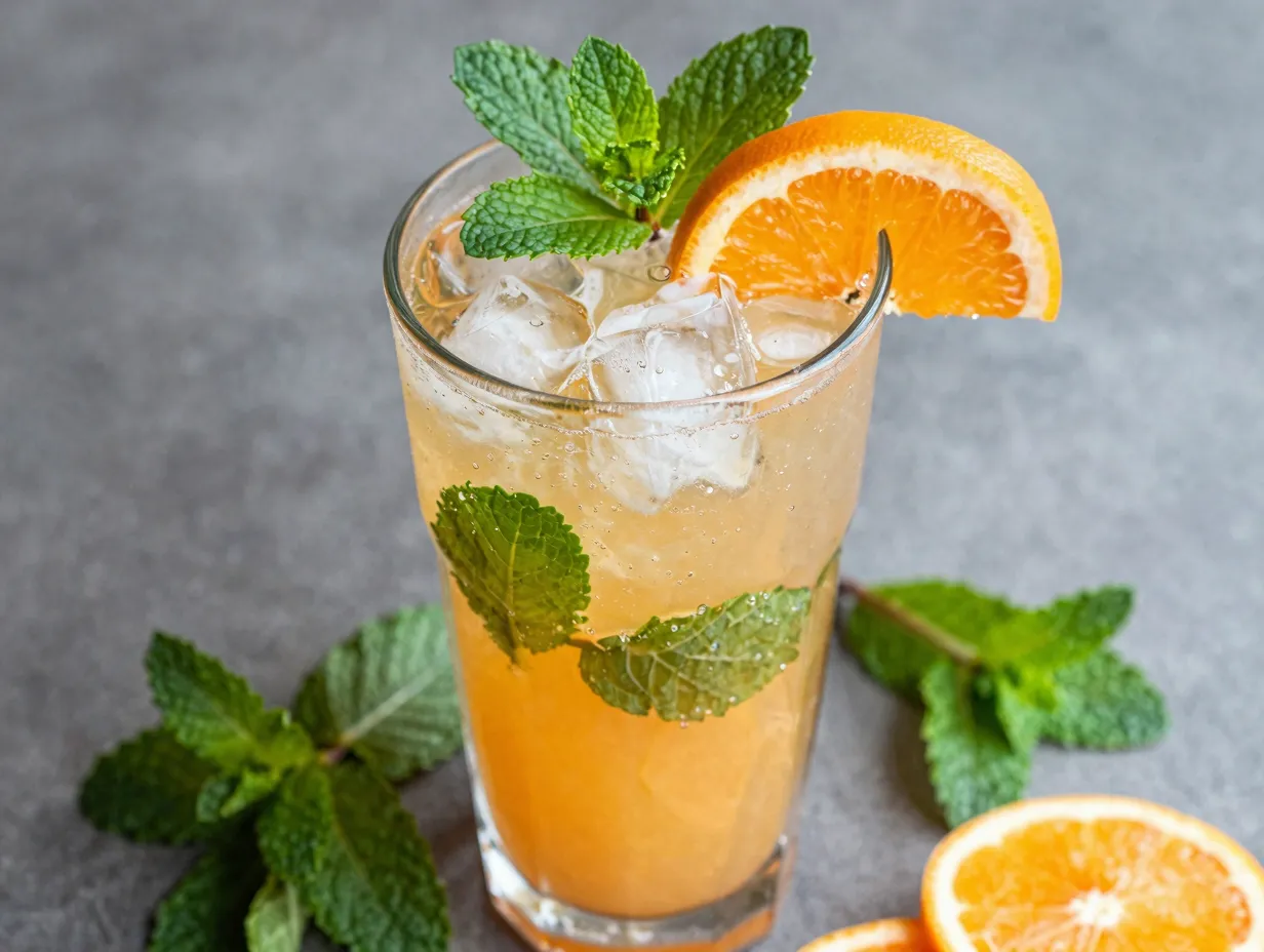 Clementine mint mock mojito in tall glass with muddled fruit