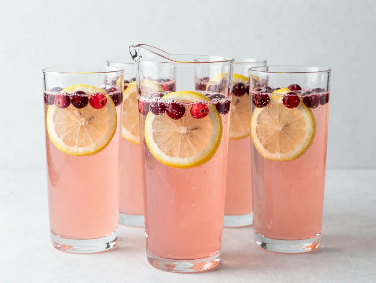 Three ingredient pink mocktail punch with cranberries in clear pitcher