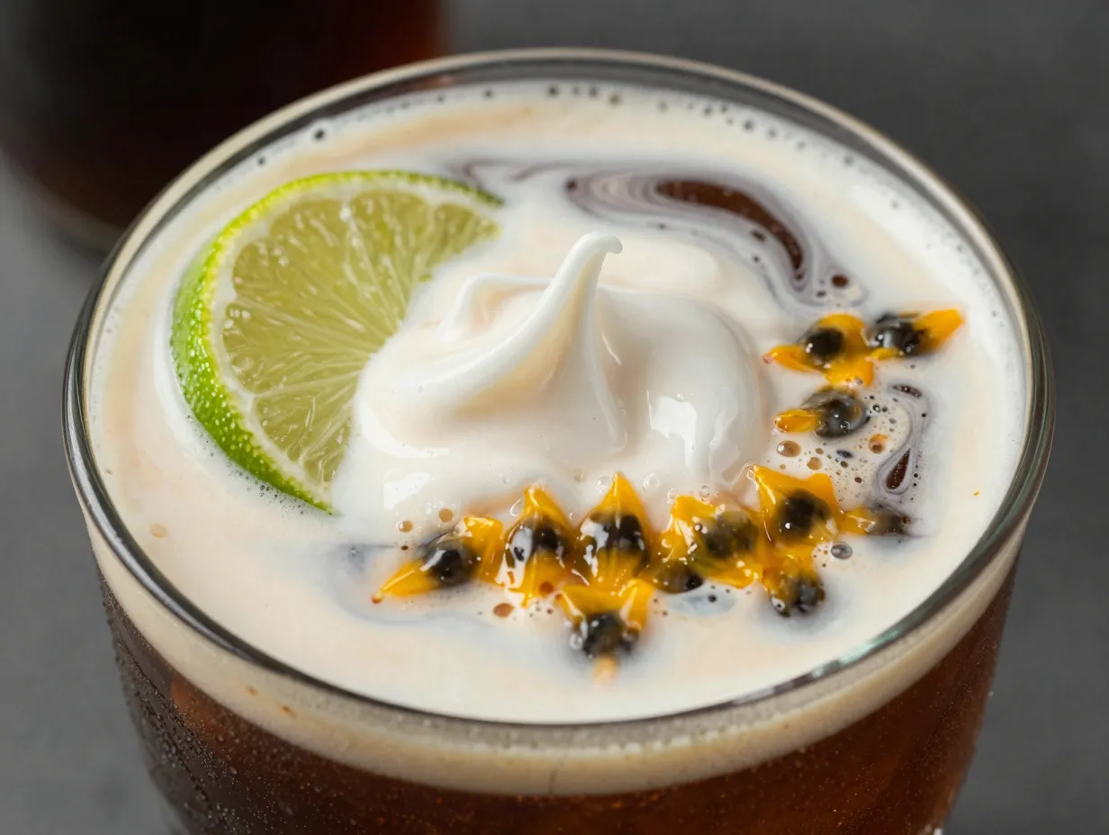 Tropical cola passion fruit syrup creamy swirl dark soda