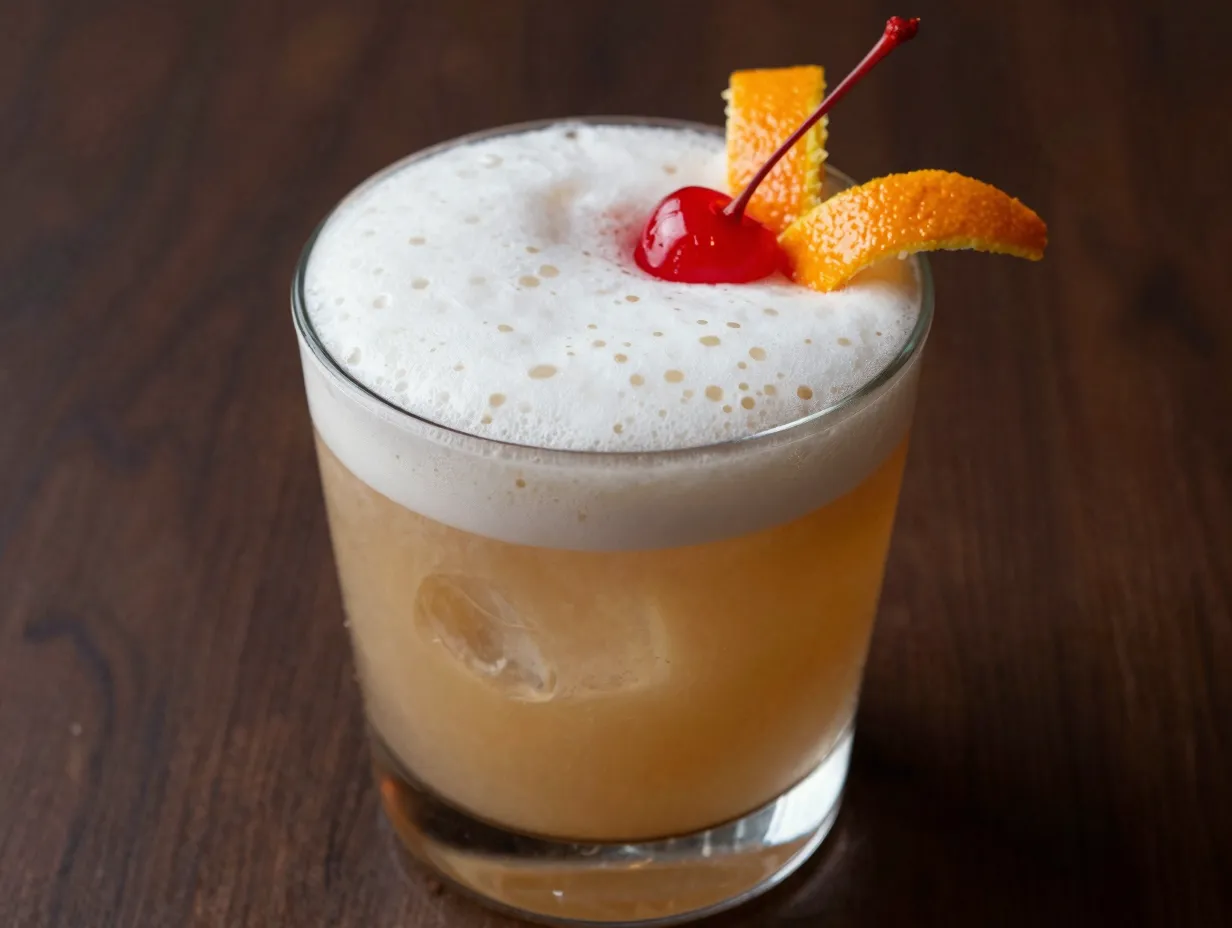 Almond foam amaretto sour in rocks glass with cherry