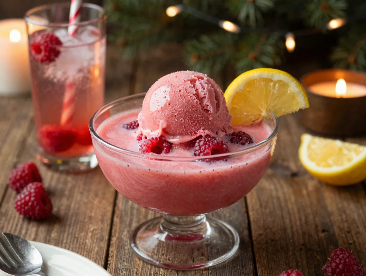 Pink sherbet punch with raspberry ginger ale in holiday setting