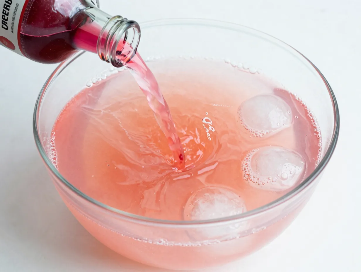 Classic pink lemonade punch with grenadine splash in large bowl
