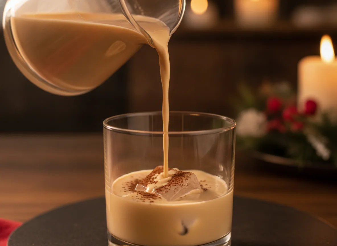 Creamy nonalcoholic irish cream liqueur poured into glass