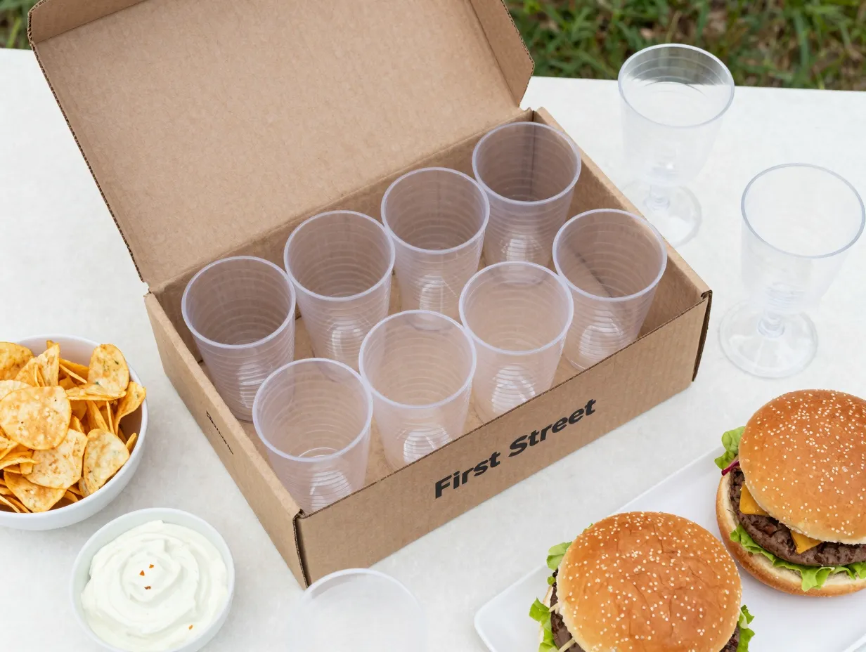 First street budget plastic wine glasses casual backyard barbecue spread