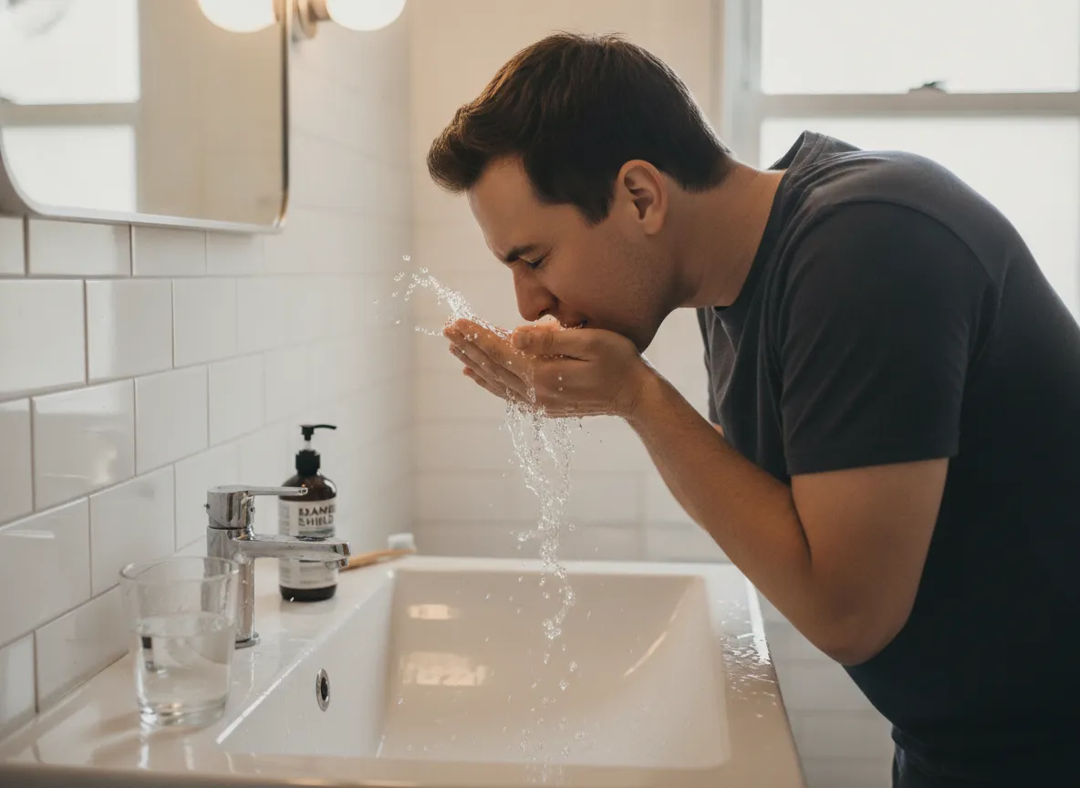 Person rinsing mouth with water after drinking apple cider vinegar