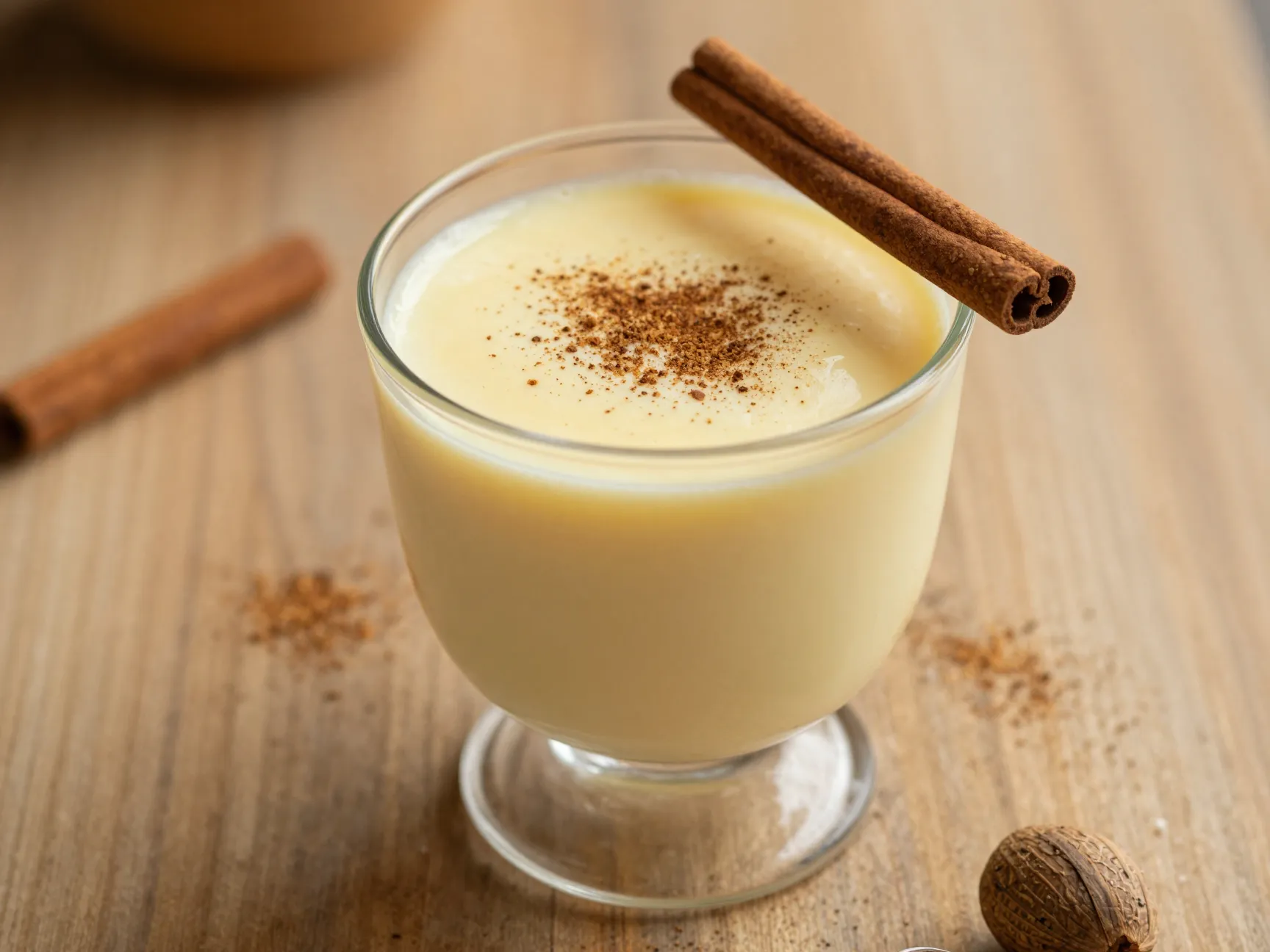 Chilled spiced eggnog in small punch cup with nutmeg