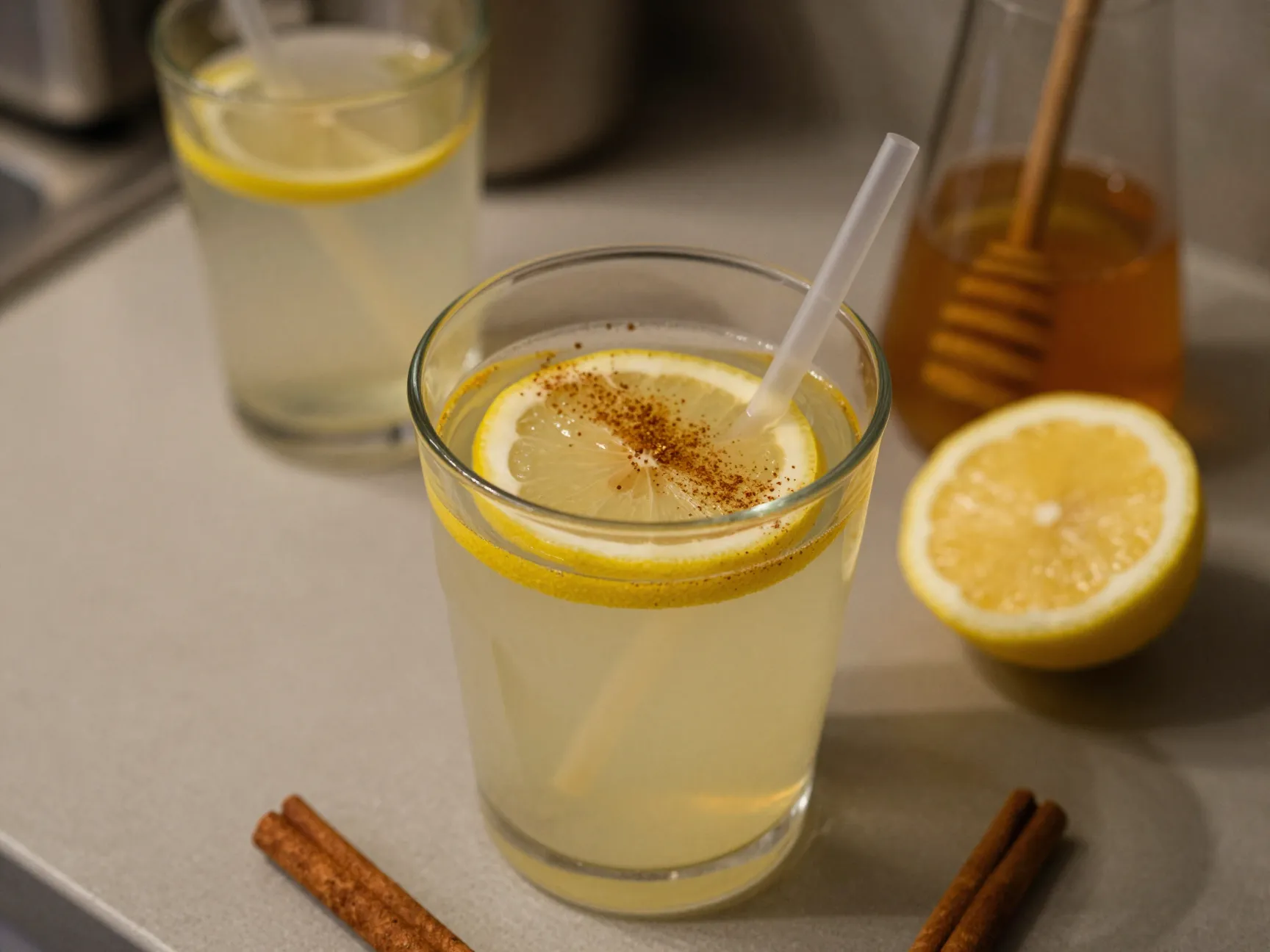 Glass of bedtime acv wellness drink with honey lemon and cinnamon