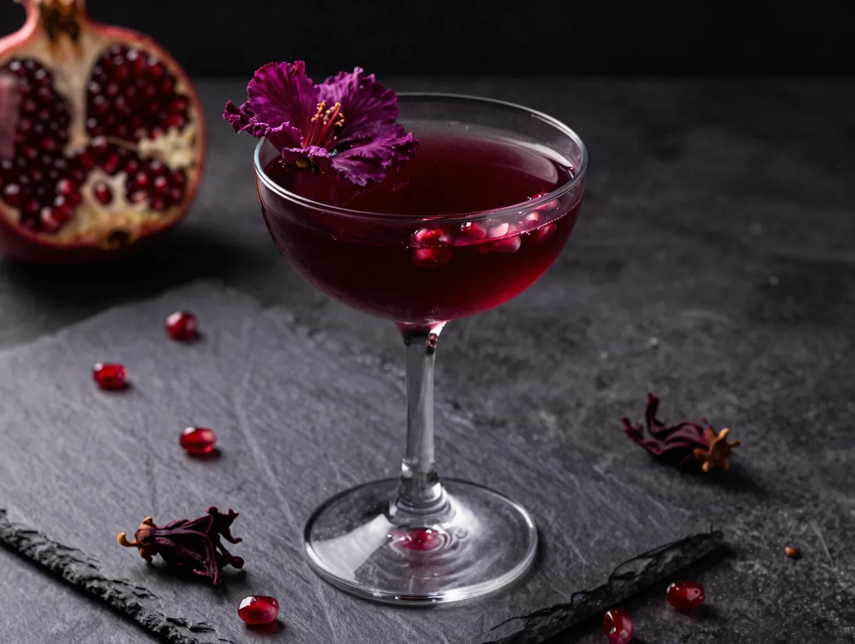 Sophisticated pomegranate hibiscus lotus floral elegant garnish