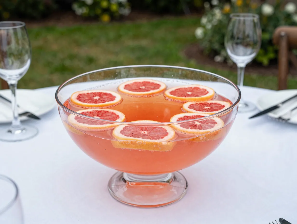 Sparkling grapefruit pink punch in wide shallow bowl at garden party