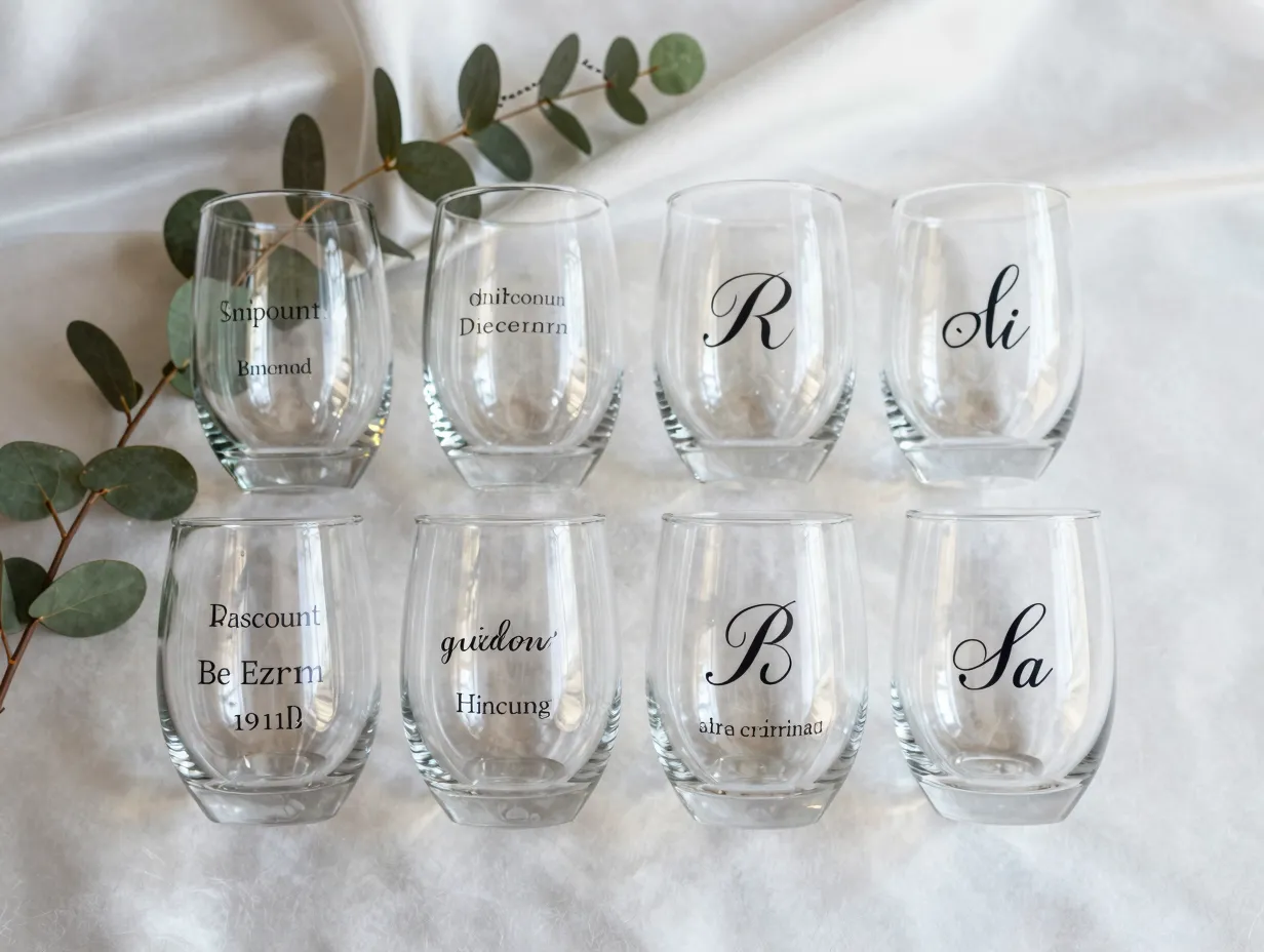 Discount mugs custom stemless wine glass wedding reception favor display