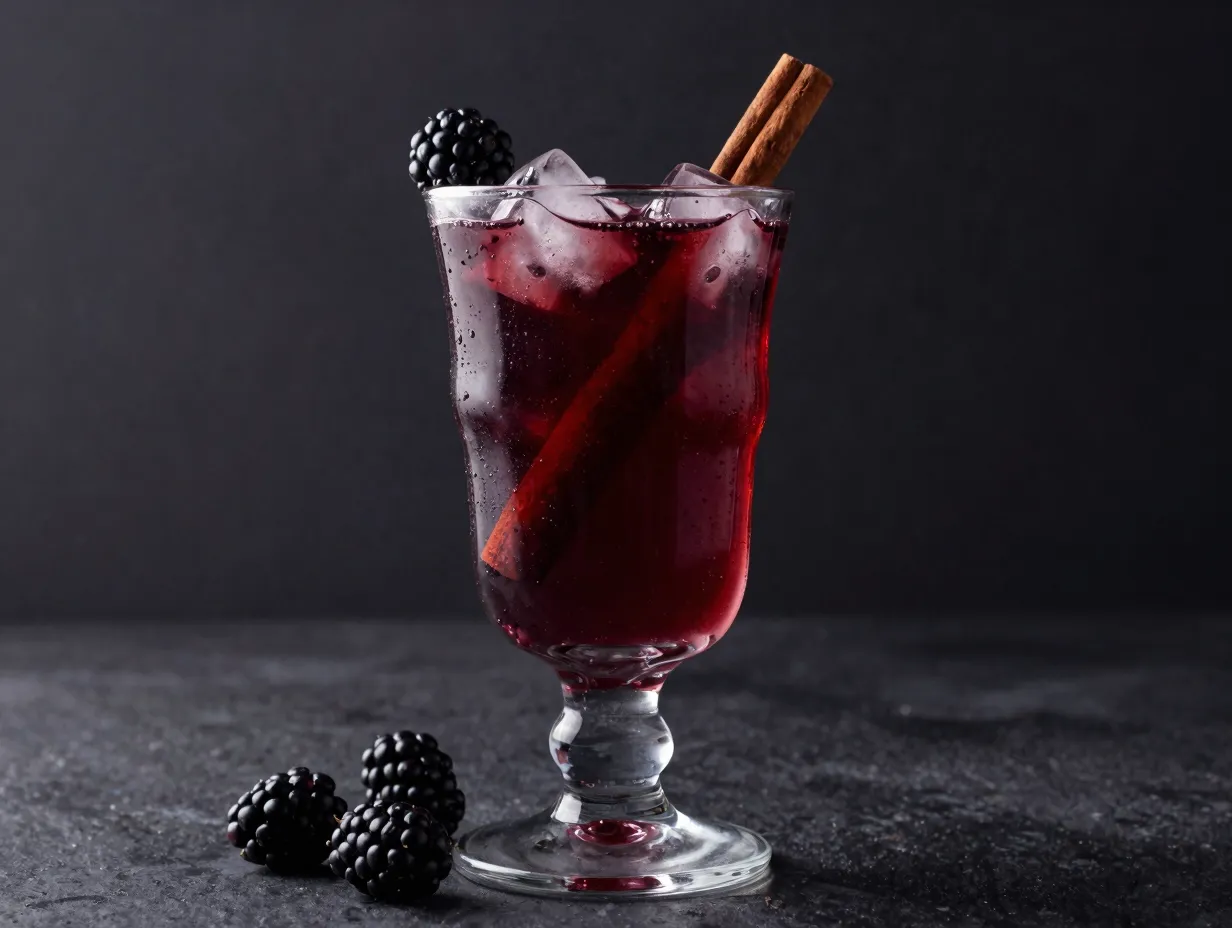 Jeweltoned cold mulled wine with blackberries and cinnamon