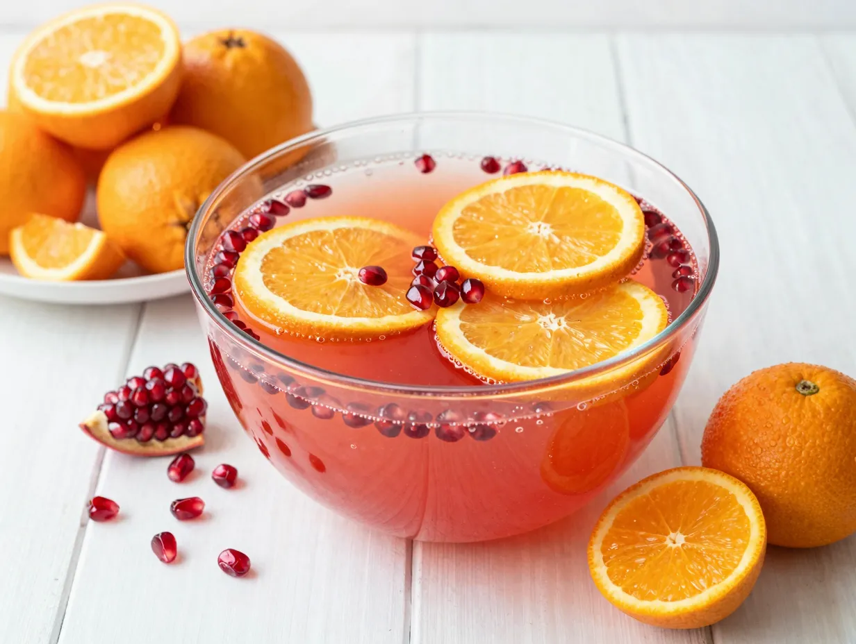 Orange pomegranate fizz punch with fruit garnish in health conscious setting