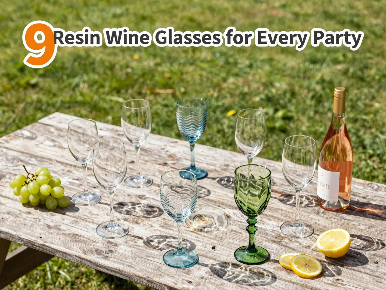 Flat lay nine unique resin wine glasses on picnic table under sun